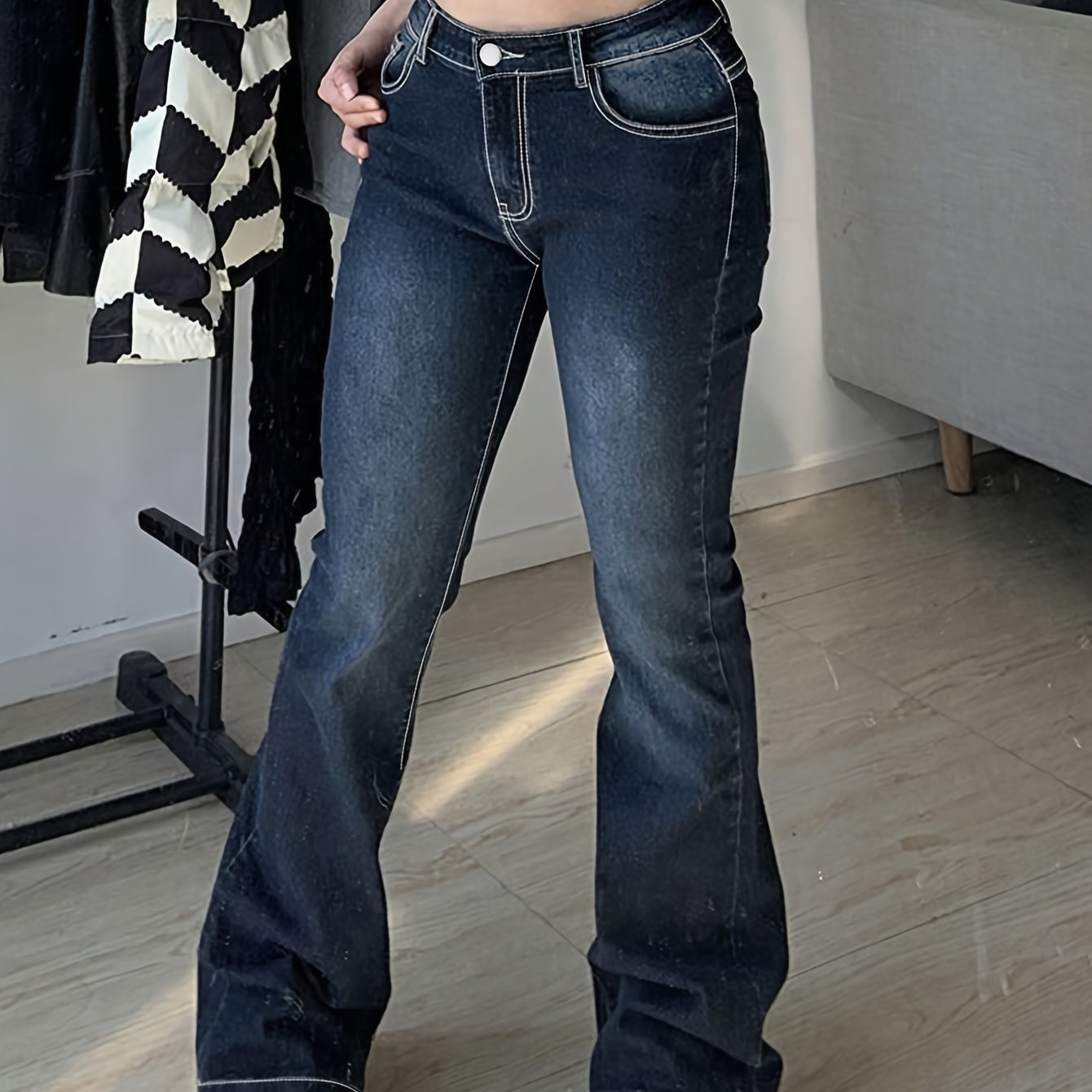 Image of Women's High-stretch Jeans, Flare Pants, Women's Denim And Clothing, Tall Women's Mid-low Waist Denim Long Pants