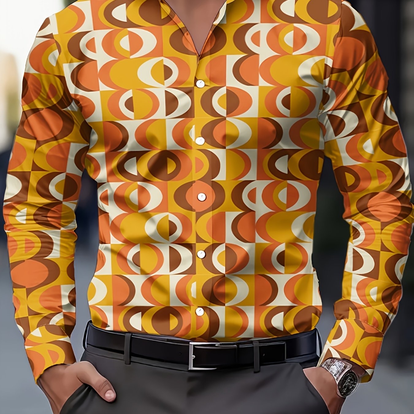 TEMU Men's 70s Retro Disco Party Shirt With Collar & Button-front - Retro Button- Long Sleeve Suitable For 70s Costume Parties, Music Festivals,