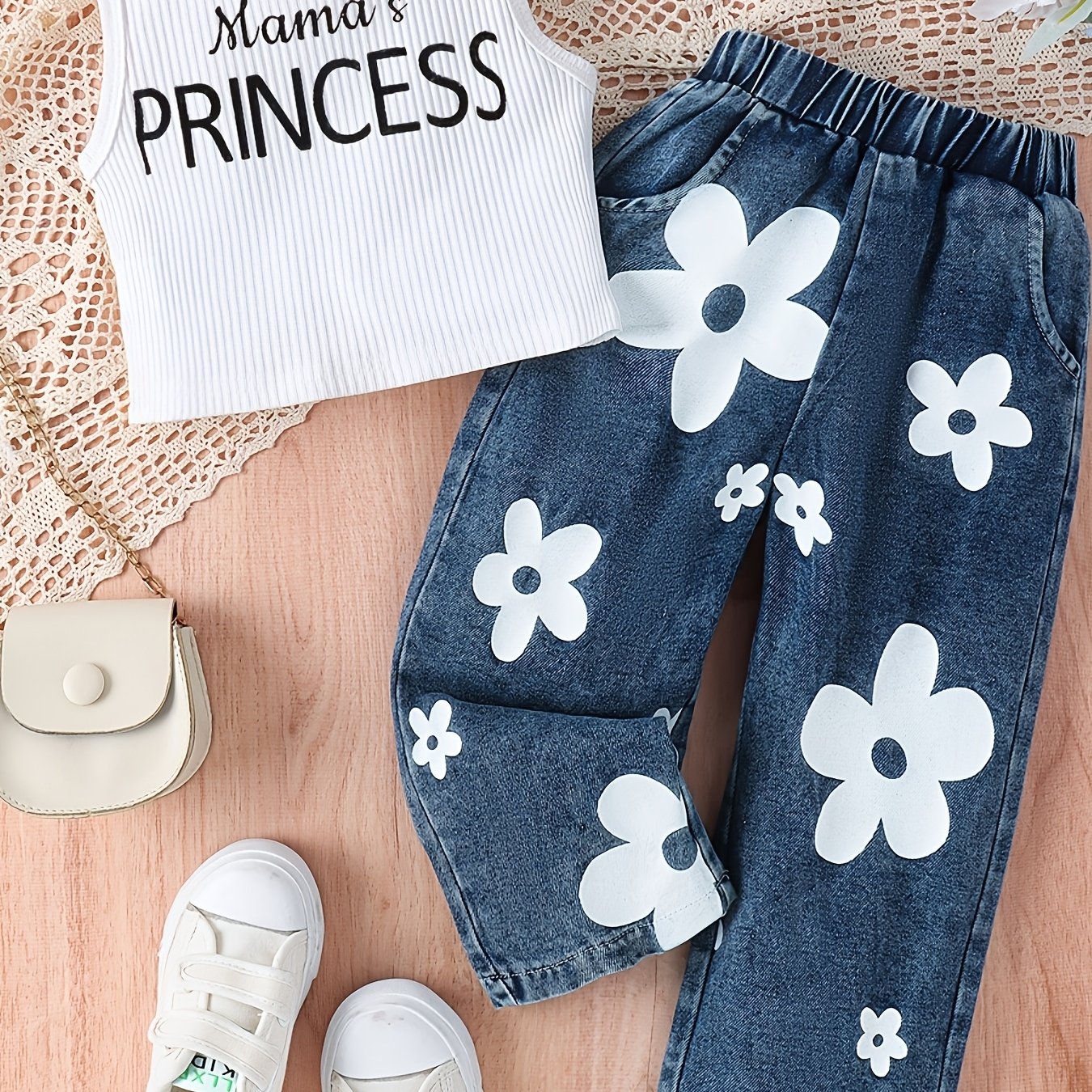 TEMU Chic 2pcs Girls' Outfit Set - 'mama's Princess' Print Tank Top & Floral Denim Jeans, Summer Casual Wear, Outdoor