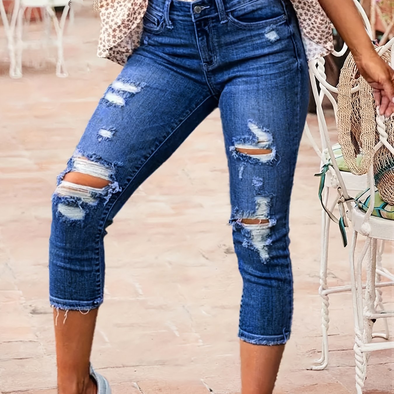 Women's High-stretch Jeans With Ripped Design For A Fashionable And