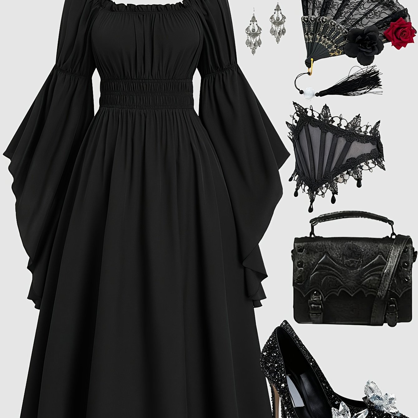 TEMU Plus Size - Plus Size - An Elegant Solid Color Square Neck Puff Sleeve Long Dress With A Cinched Waist And Flowing , Featuring A Stylish Vintage