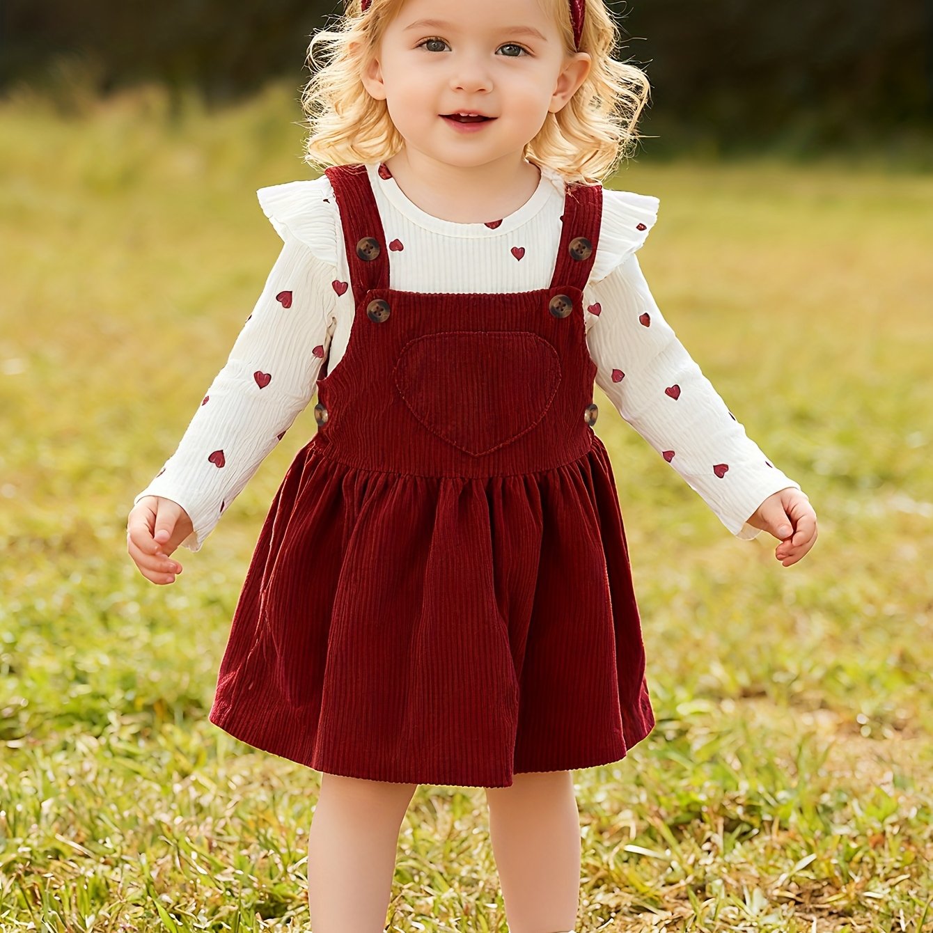Long-sleeved Heart Print Romper With Suspender Dress + Headscarf Three-piece Set, For Outdoor