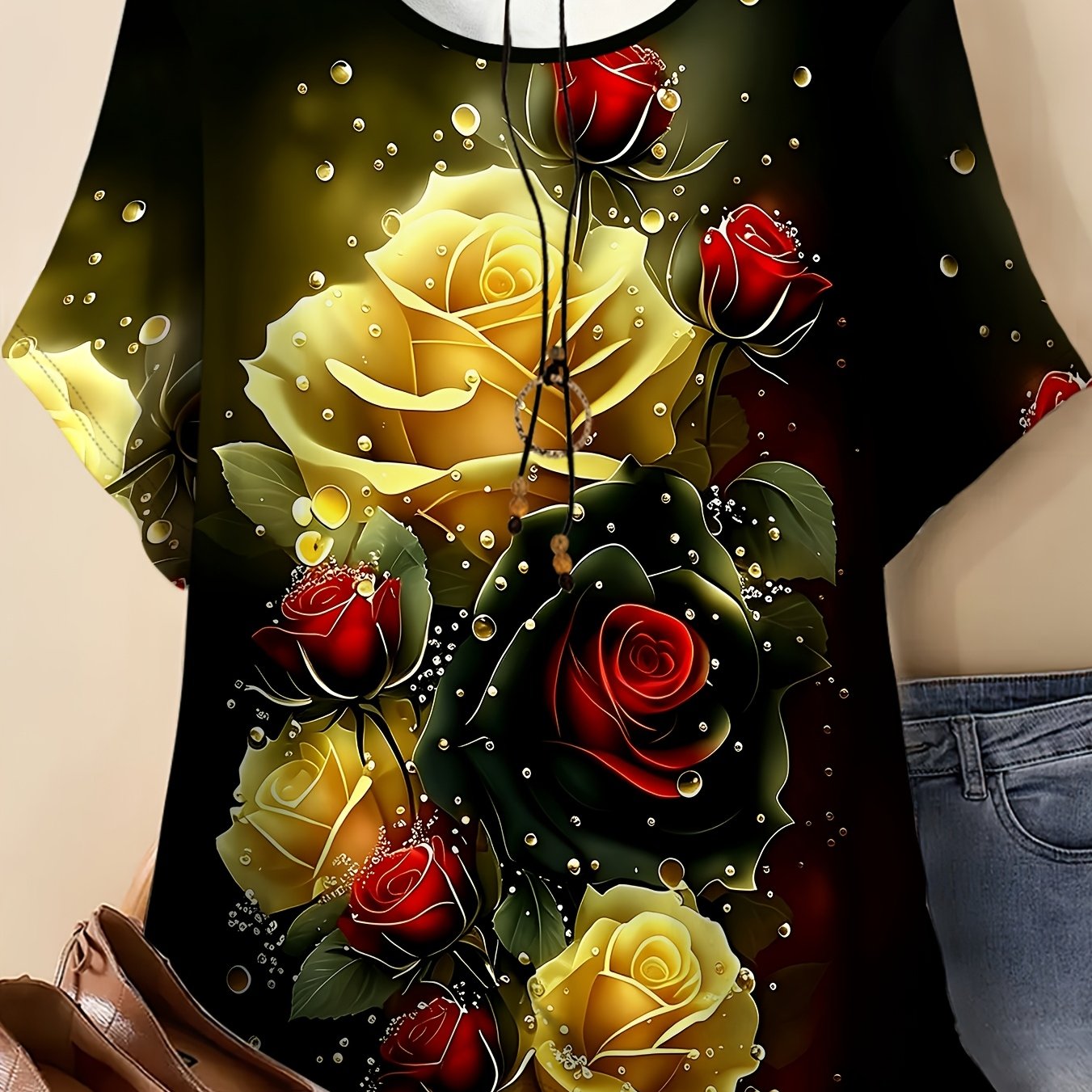 TEMU Women's Plus Size Round Neck Short Sleeve T-shirt With Dark Chiaroscuro Rose Print, Soft And, Elegant Top For Dates And Shopping