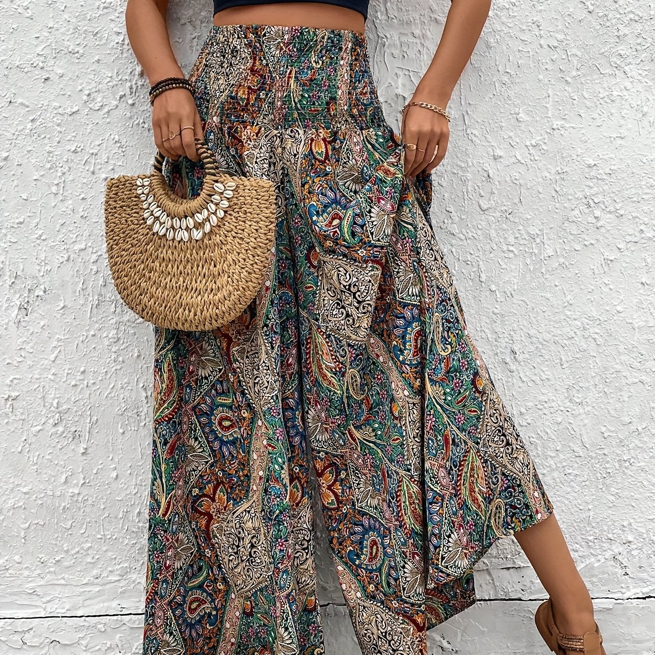 Bohemian Elastic Waist Pants Skirt Casual Loose Wide Leg Pants