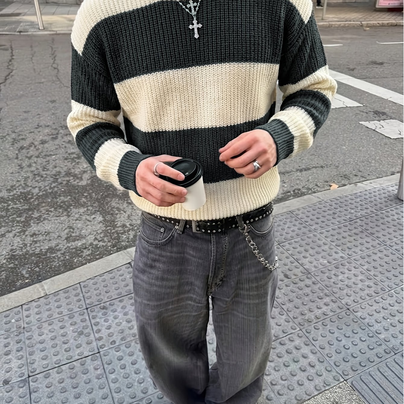TEMU Retro Western Easy Contrast Striped Casual Versatile Knit Top Autumn Winter Daily Sweater