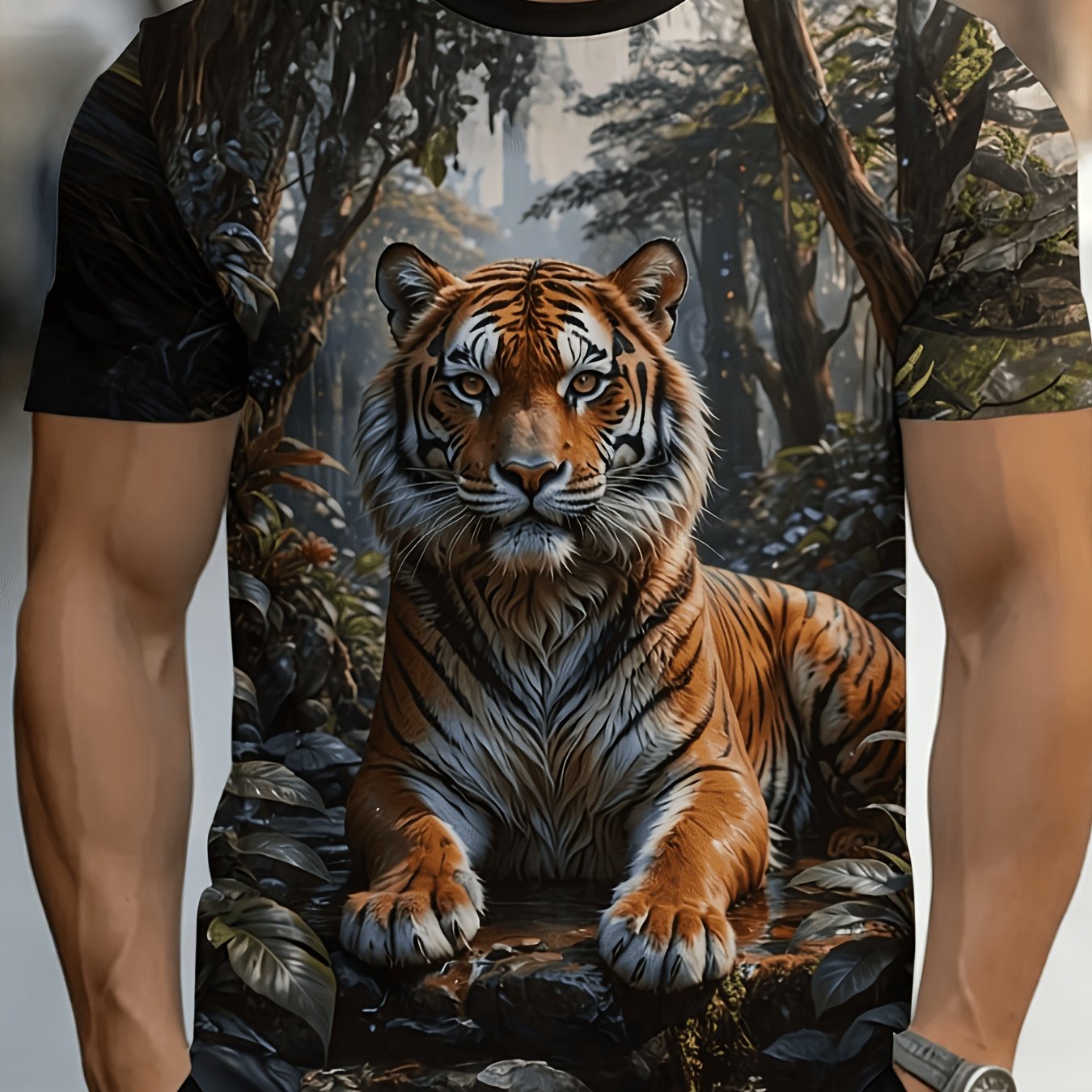 TEMU [printed Design-not Textured] 2026 New Premium Rainforest Tiger Realistic Full Print Short Sleeve Plus Size Men's Natural Loose Casual