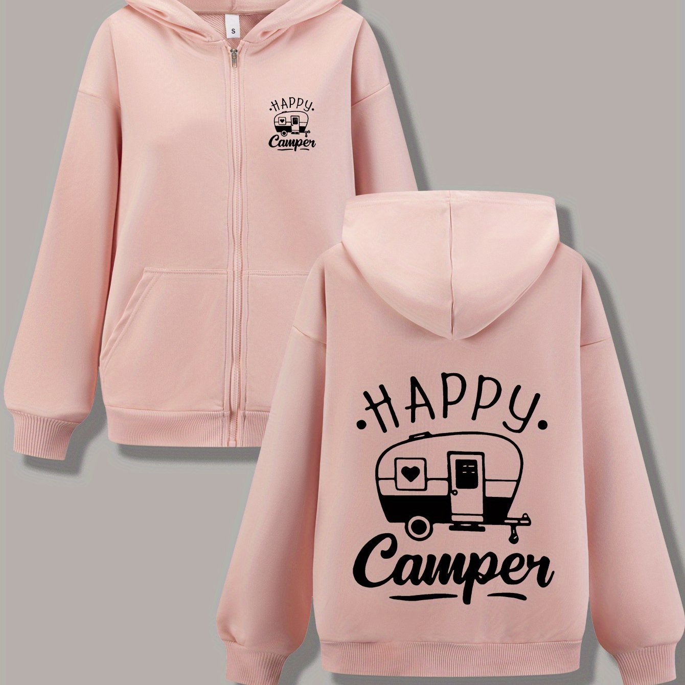 TEMU Happy Letter Printed Women's Long Sleeve Zipper Casual Jacket Hoodie, Suitable For Spring, Summer, And Autumn, With Elasticity, Women's Clothing