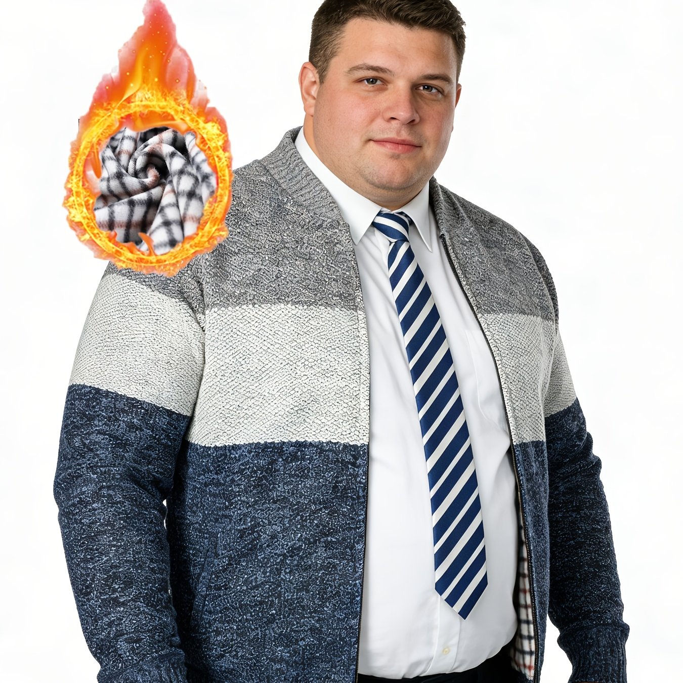E-shop Herren Plus Size Herbst/Winter Fleece-gefütterte, dicke Freizeitjacke | Hoher Kragen, mittlere Stretchqualität, Color-Block-Muster, Passform