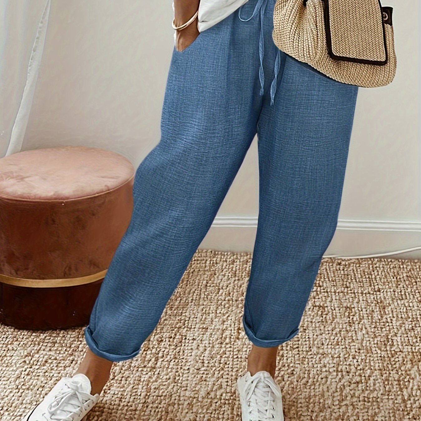 Women's Insert Pocket Pants, Loose Fit, Simple And Versatile, 100% Polyester