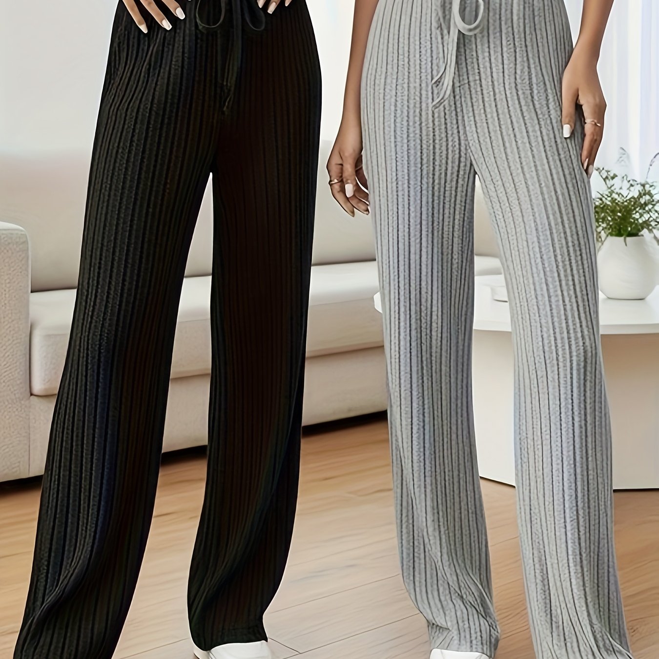 Women's Plus Size, Comfortable, Skin-friendly, Easy Design, Elastic Waist, Home Casual Wide-leg Trousers, 2pcs Set