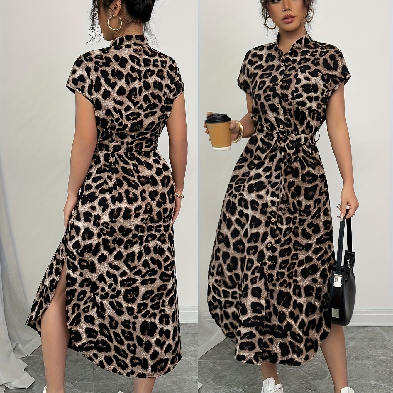 E-shop Elegantes Leopardenmuster-Midi-Kleid für Damen - Kurzarm, Hoch-Tief Saum, Knopfleiste Vorne, Maschinenwaschbar, für Freizeit- oder Urlaubsstil,