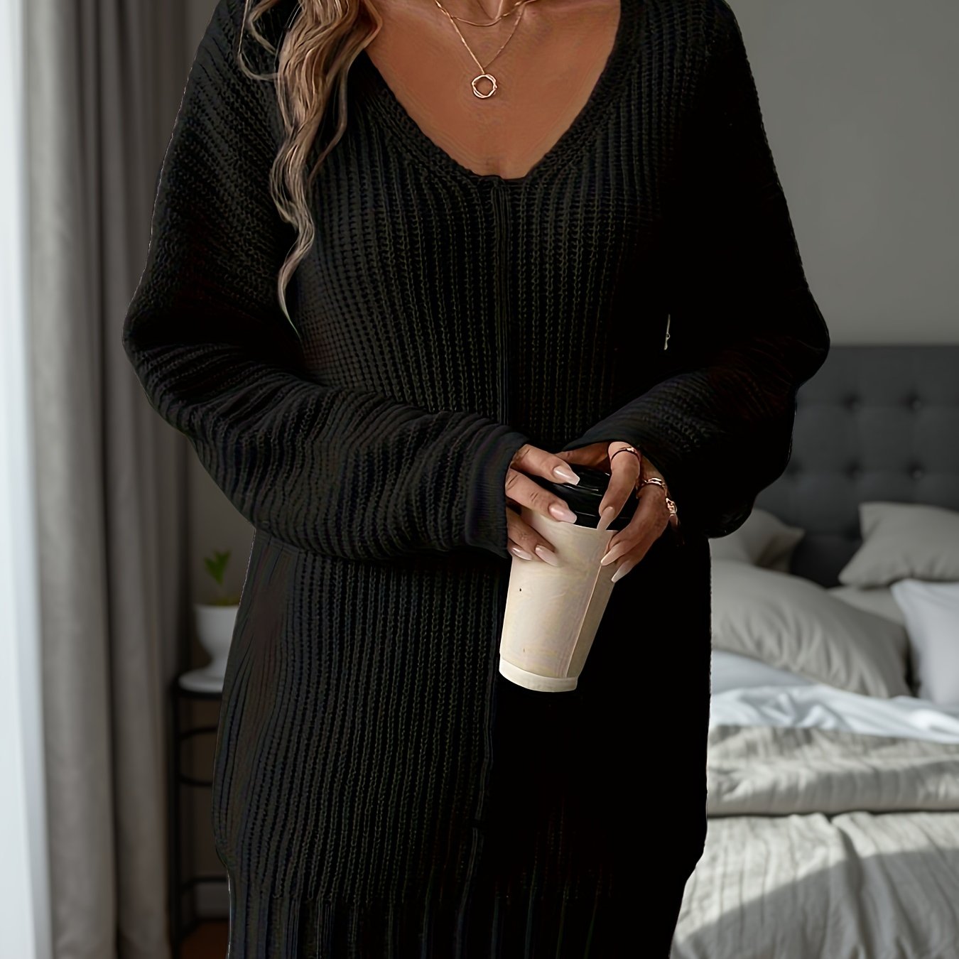 E-shop Ein modisches und elegantes, einfarbiges V-Ausschnitt-Pullover-Shirt, geeignet für Dates, Partys und Ausflüge, ein bequemes, langärmeliges Kleid