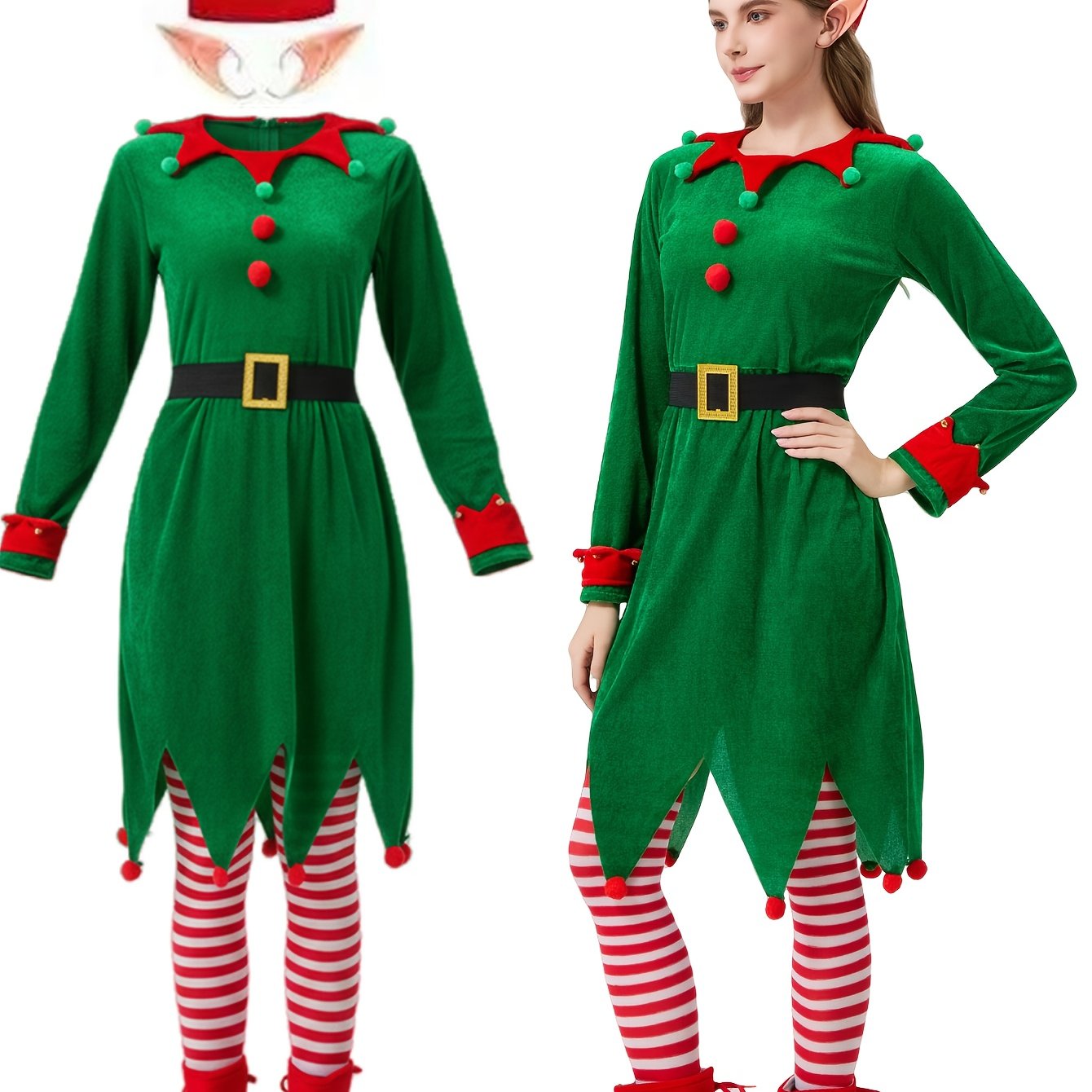 TEMU Ensemble de costume d'elfe vert 6 pièces, tailles européennes en stock, tenue de spectacle mignonne de clown pour femme pour Halloween et Noël