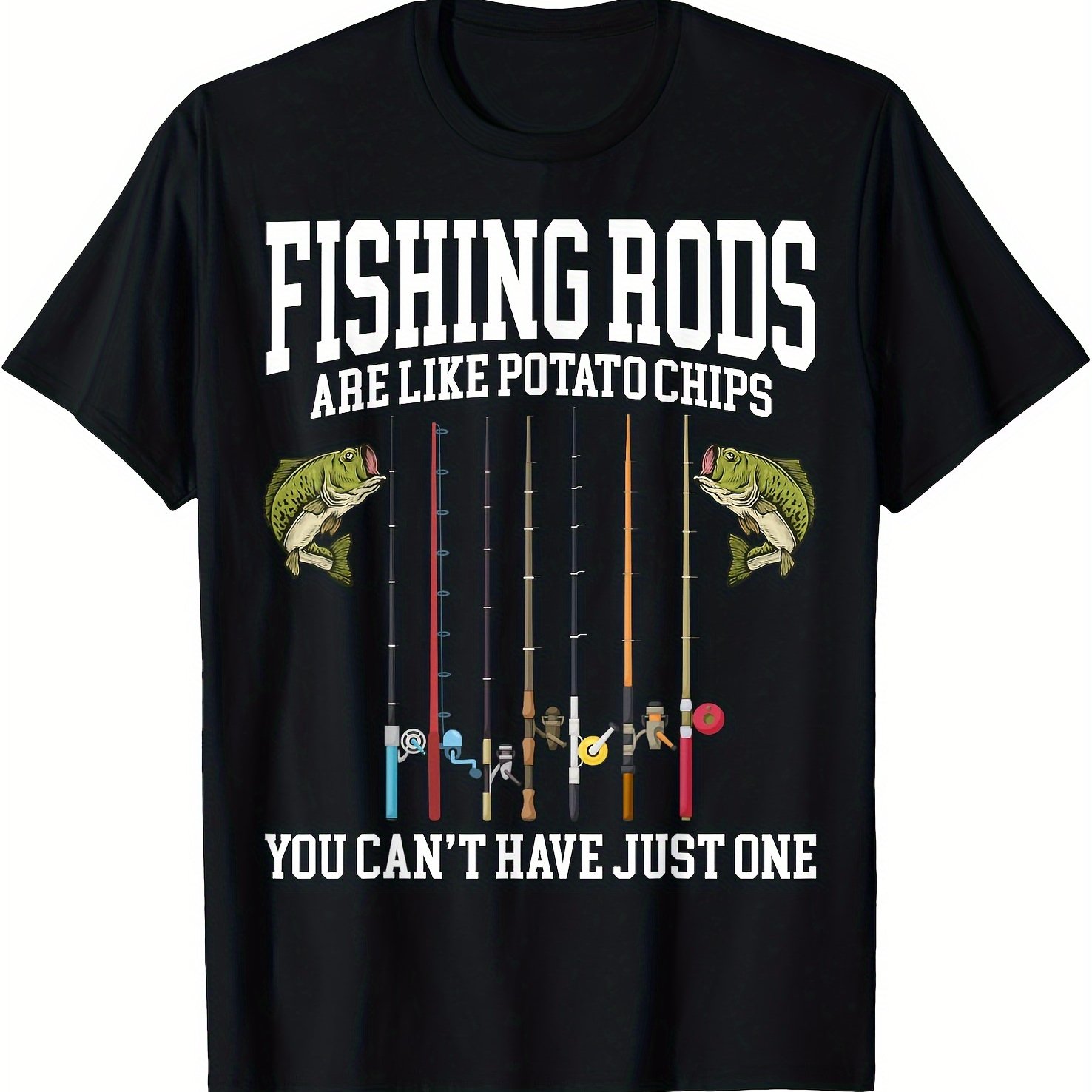 TEMU Men's Funny Fishing Rods & Potato Chips Graphic T-shirt - Black Casual Tee With "fishing Rods Are Like Potato Chips" Print, Lightweight 180gsm