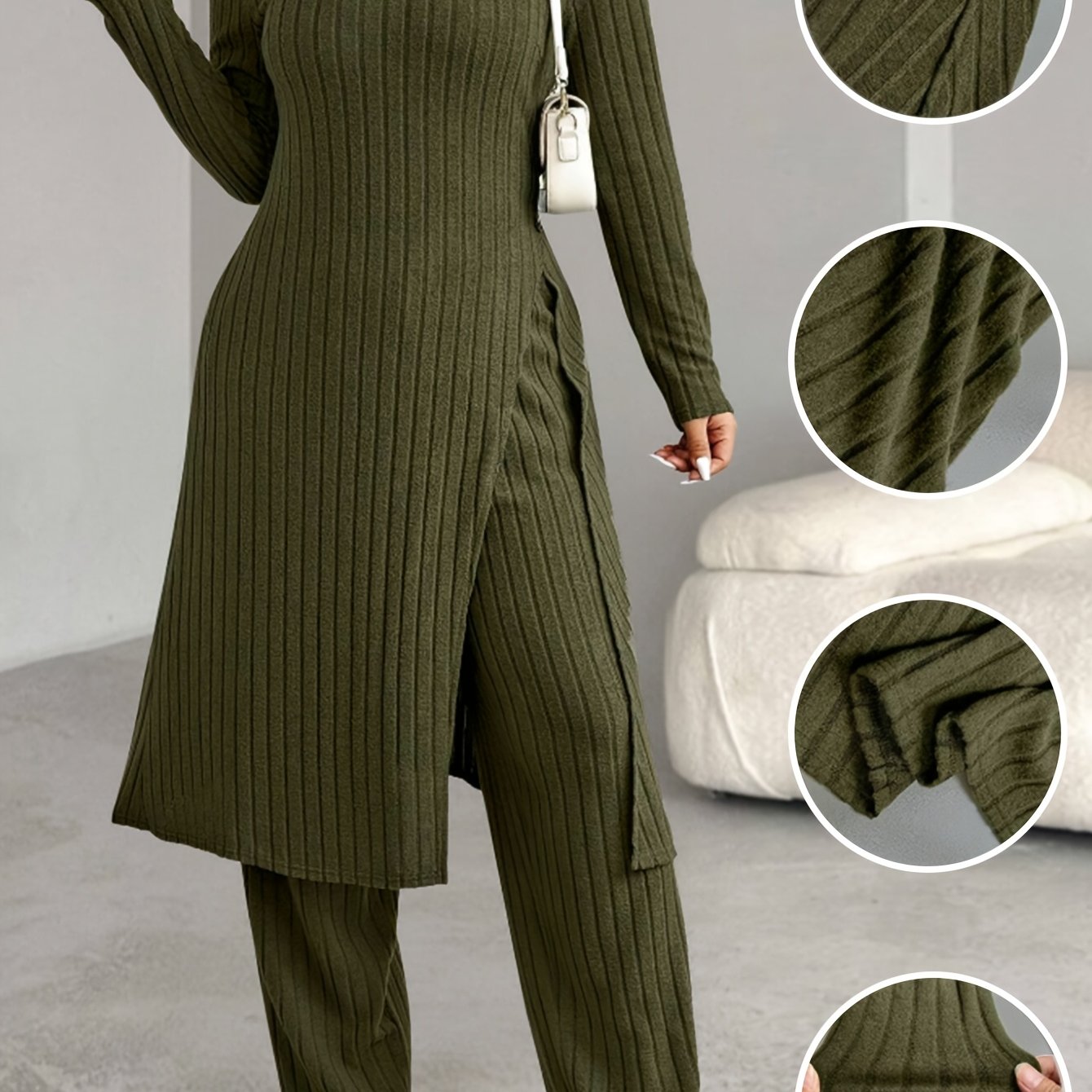 TEMU Plus Size, Plus Size Women's Comfortable Ribbed 2pcs Set, Crew Neck Split Long Top, Wide-leg Pants Set, Casual Outfit