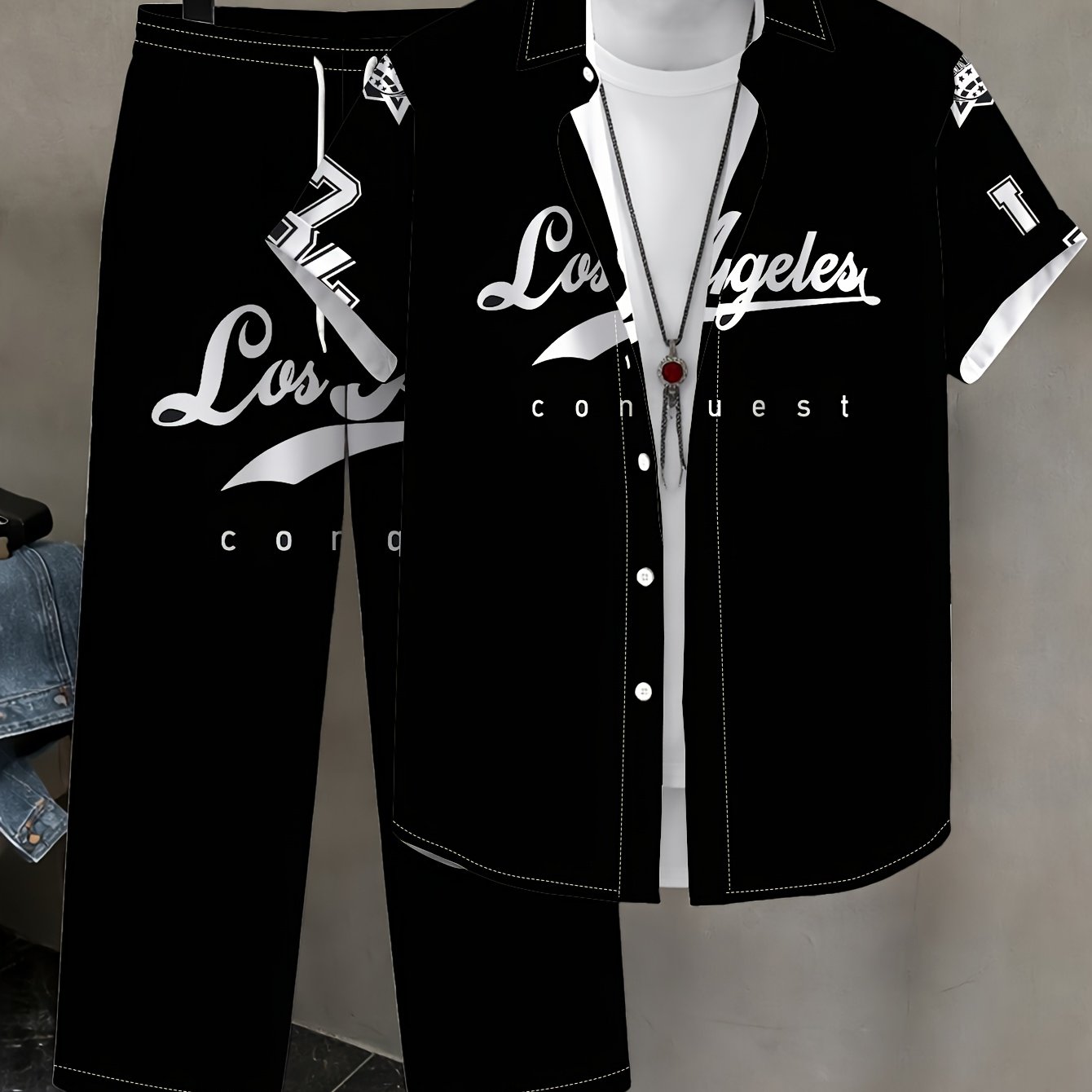 TEMU Men's Fashion Casual Set Short Sleeve Shirt And Long Pants, Casual Outfit For Beach, Dating, Fishing (2pcs Top And Bottom Set)