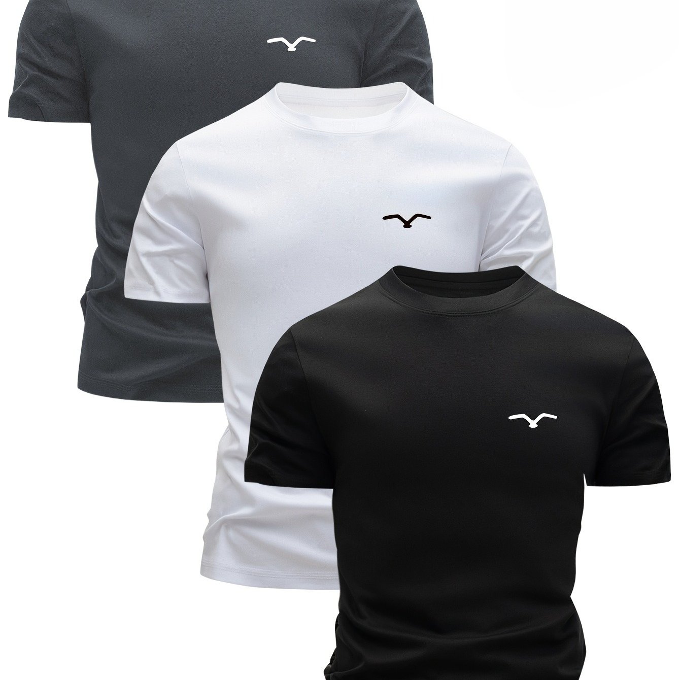 TEMU 3pcs Men's 100% Short-sleeve T-shirts - Breathable, Lightweight & Moisture-wicking For Summer Casual Wear | Solid Colors (blue, White, Black)