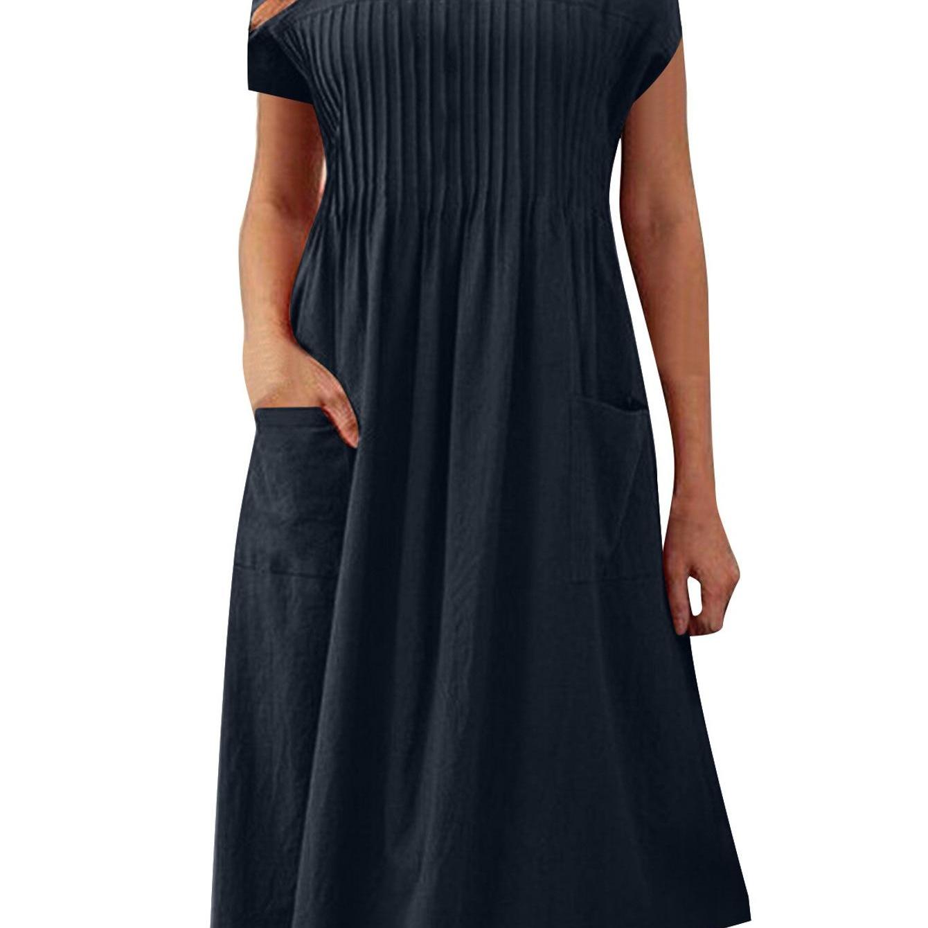 Image of Women's Casual Short Sleeve Midi Dress With Pockets Round Neck Pleated Loose Summer Dress, Comfortable Everyday Dress