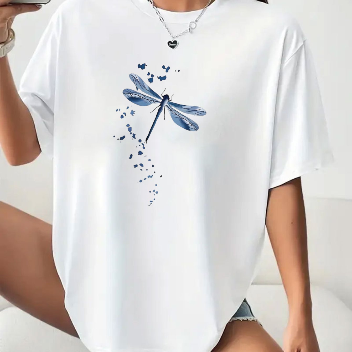 Image of Women's T-shirt Blue Dragonfly With Sparkles Print Short Sleeve Crew Neck Casua Suitable For Spring And Summer 100% Printed T-shirt Women's Clothing