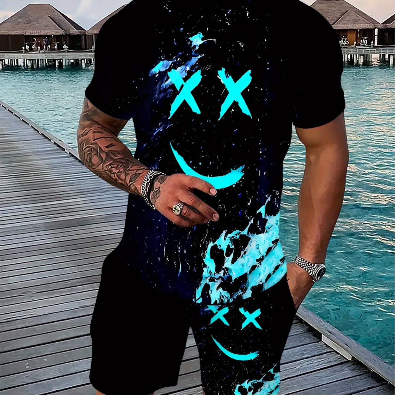 E-shop Herren 2-teiliges Sommer-Casual-Outfit Set – Kurzarm-T-Shirt mit Rundhalsausschnitt & Shorts mit Kordelzug , lebendiger Digitaldruck, schnell