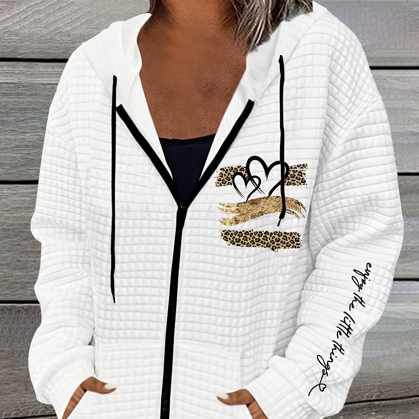 Image of Leopard Heart Print Sweatshirt Long Sleeve Hood Kangaroo Pocket Autumn And Winter Sweatshirt Jacket Casual Tops Women's Clothing