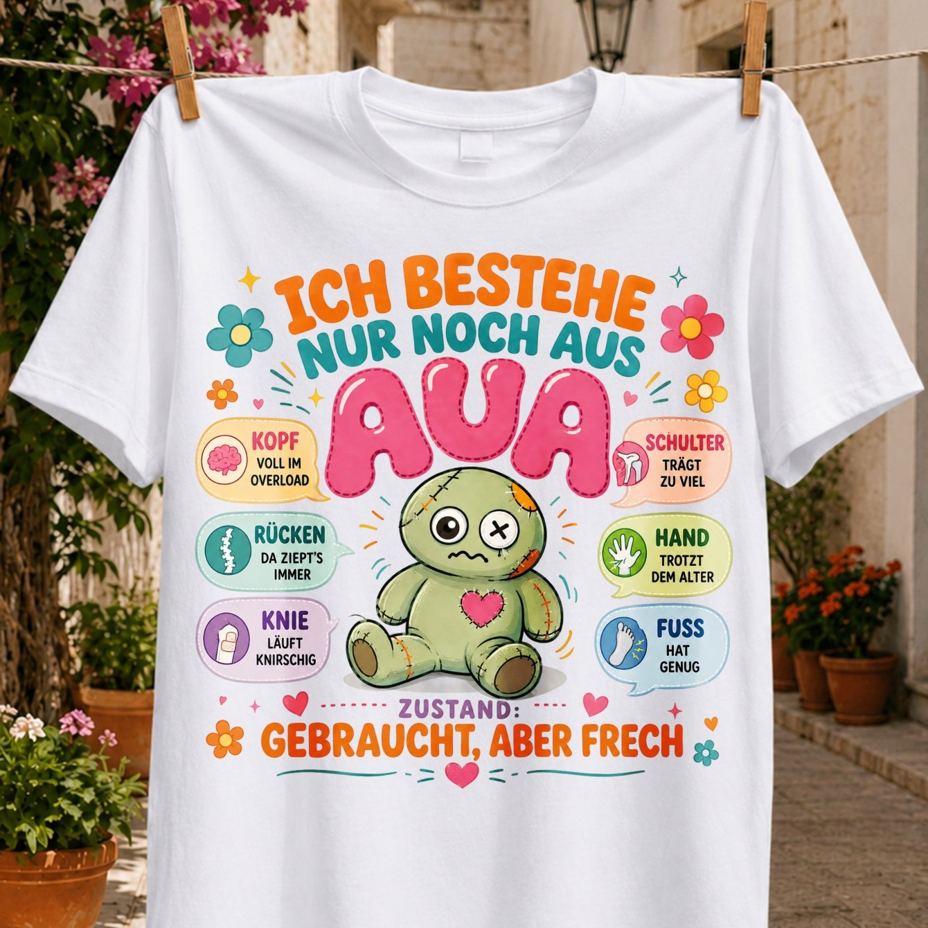 Image of Plus Size German But Cheeky Graphic Aua Text Stitched Doll Body Part Complaints And Colorful Flowers Tee Unisex All T-shirt Men's T-shirt