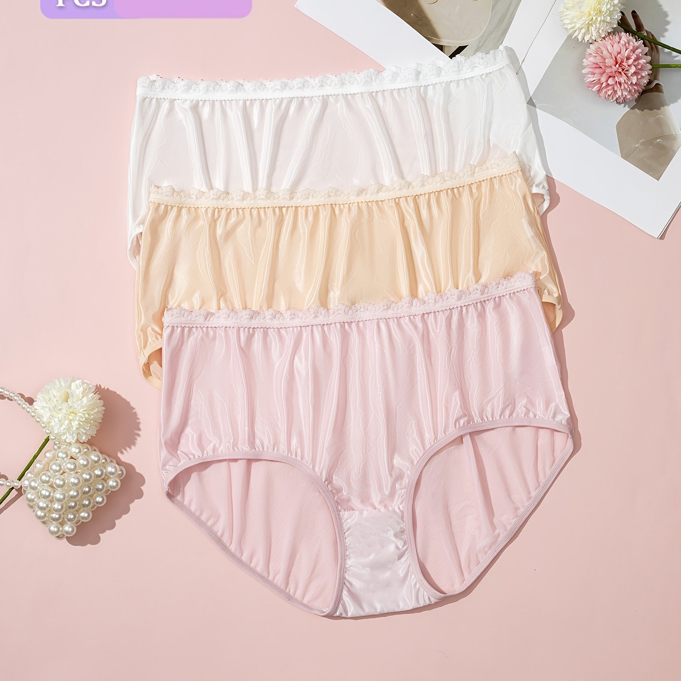 TEMU 3pcs Women's Plus Size Triangle Panties, Soft Comfortable, Elegant Lace Trim, Valentine's Day Gift