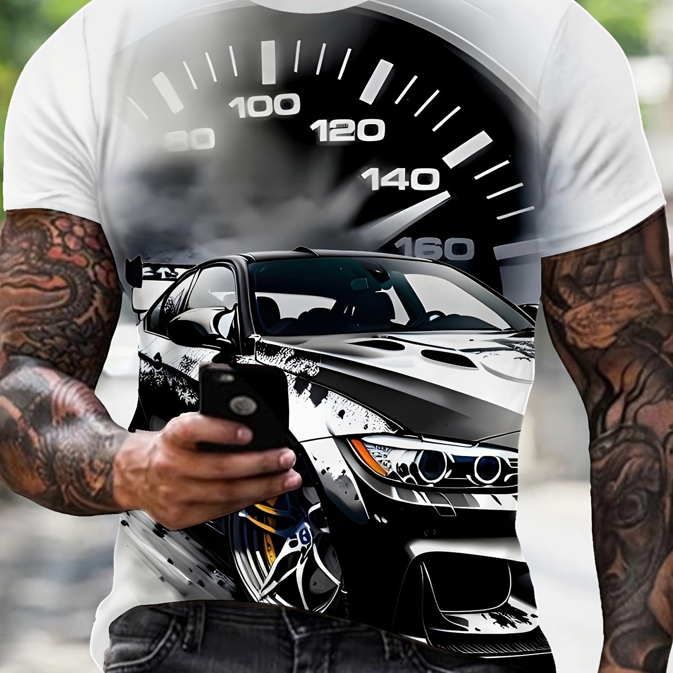 TEMU Men's T-shirt - Featuring With Cars And Speedometer Graphics, Designed For Of 140-180 Km/h, Regular Fit With A Round Neck, Perfect For Summer