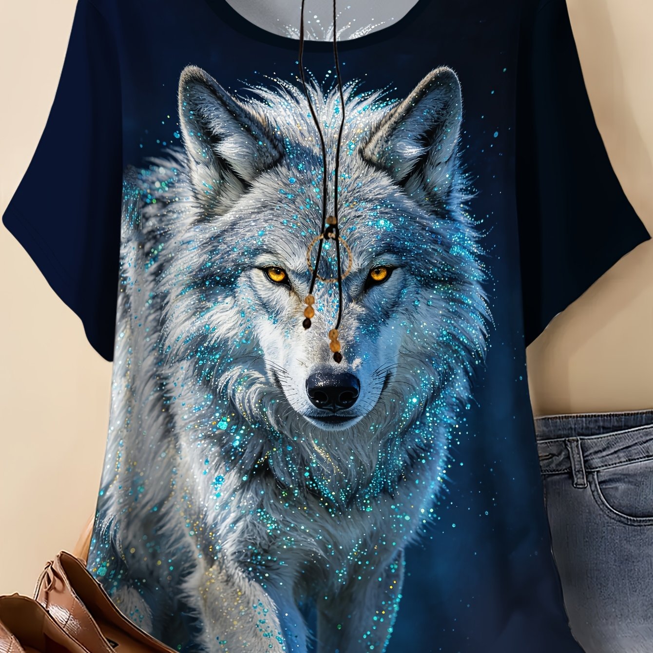 TEMU Plus Size, Plus Size Women's Short Sleeve T-shirt - Gray Wolf Print Round Neck Blouse Suitable For Summer, Stretch Fabric Top With Wolf, Machine