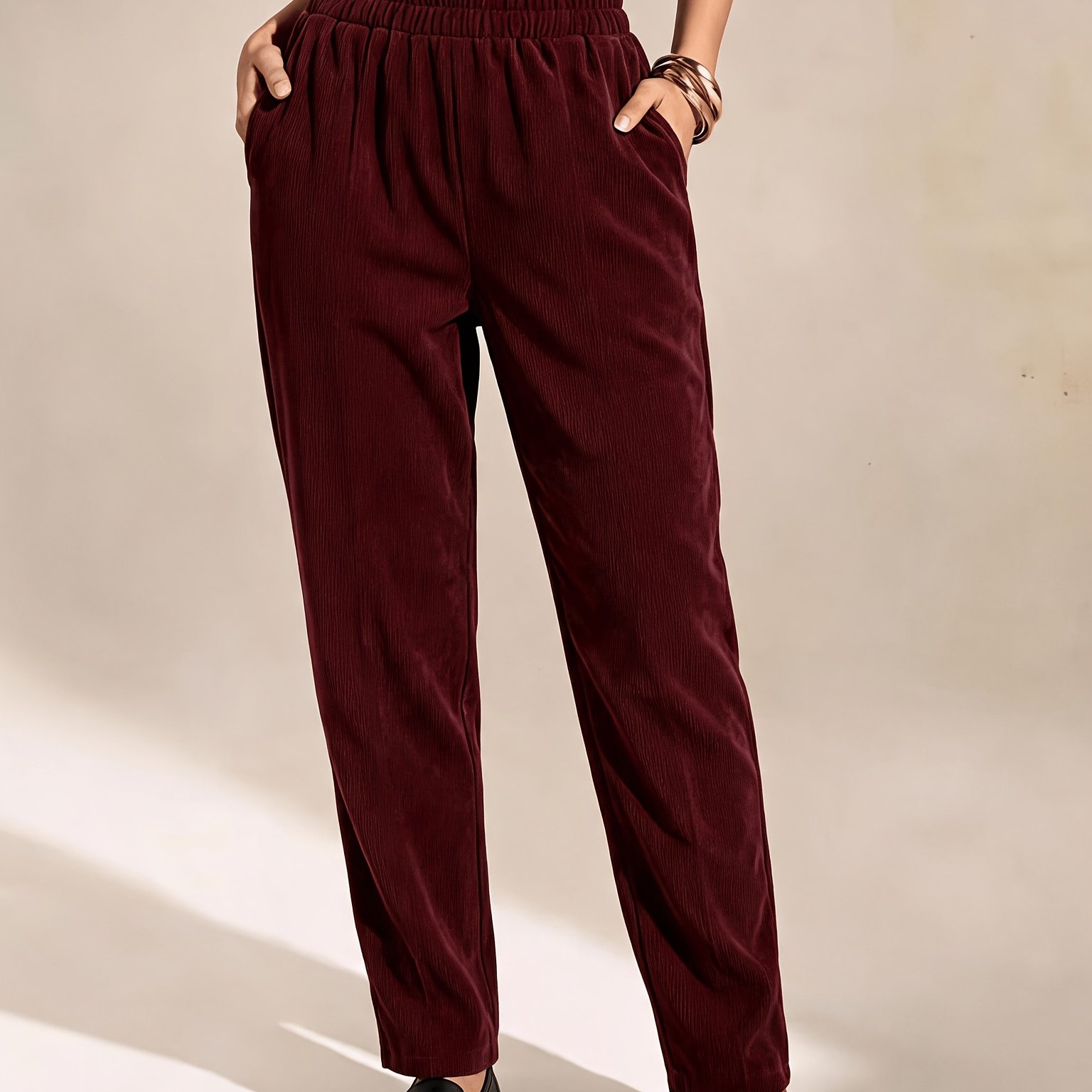 TEMU Plus Size Corduroy Pantalon met Smalle Pijpen, Herfst/Winter Stijl met Zakken aan de Voorkant, Damesbroek
