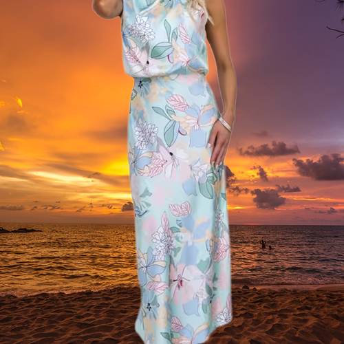ladies satin dress sleeveless strappy printed long dresses suitable for wear fashionable womens clothing