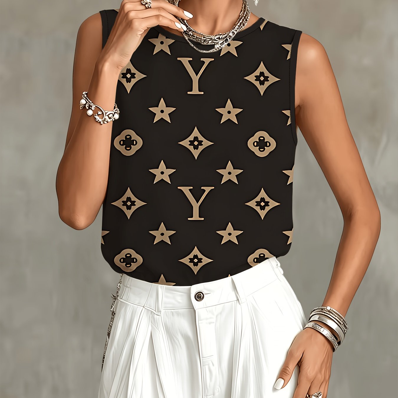 TEMU Women's Summer Round Neck Sleeveless Top, Luxurious Letter Star Diamond Retro