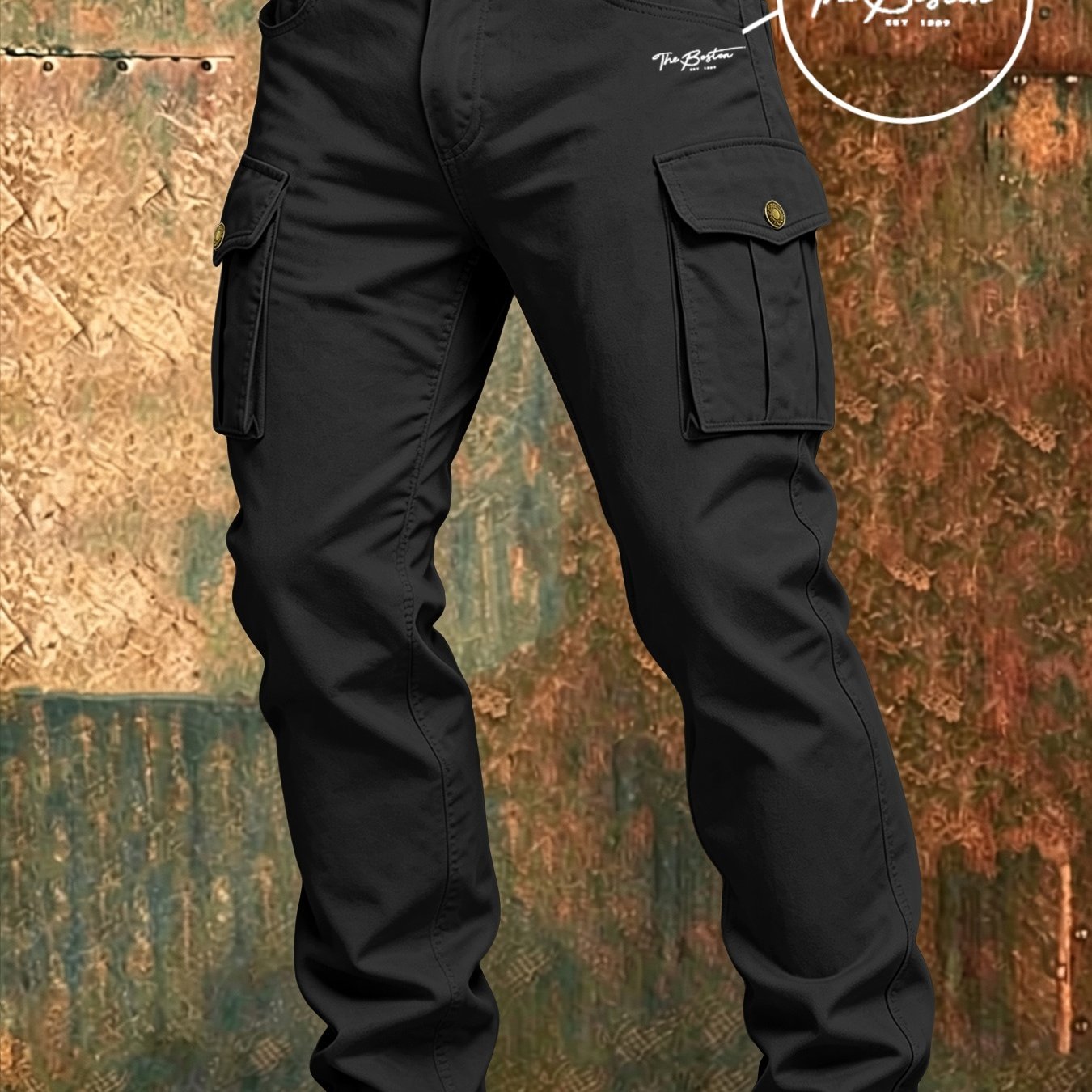 Image of 100% Men' Color Multi-flap Straight Leg Cargo Pants, Elastic Back Waist Loose Fit Casual Work Trousers, Outdoor Hiking Streetwear Long Pants