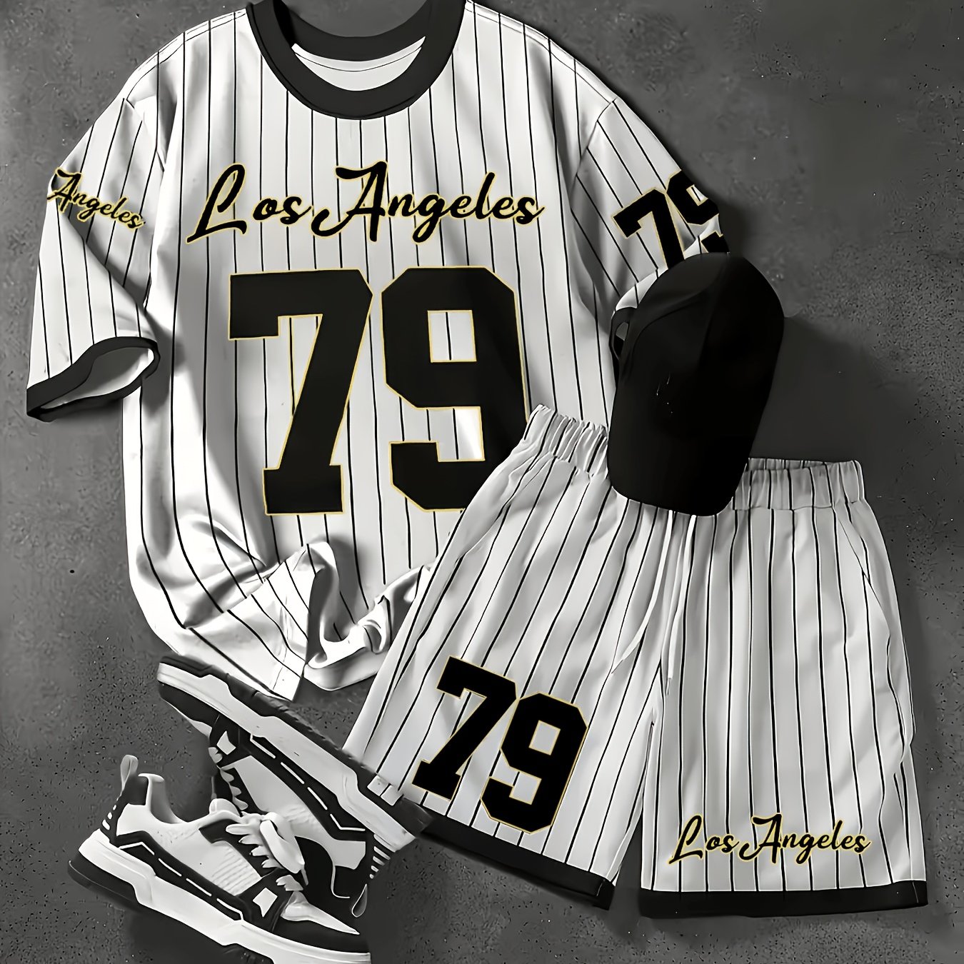 TEMU Men's Casual T-shirt And Shorts Set Featuring A Los Angeles Letter Design And '79' Pattern, Perfect For Summer Outdoor Activities, Made From