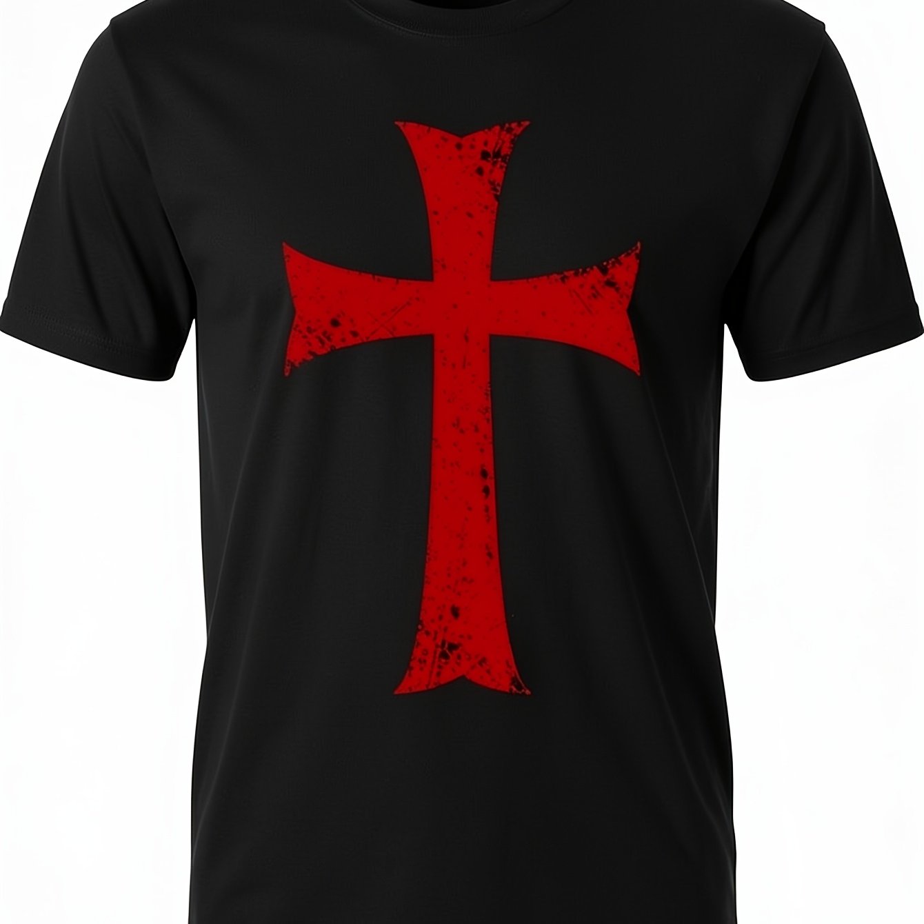 Men's Templar Cross Medieval Knight T-shirt - 100% Slim Fit Black With Red Distressed Templar Cross Print, Casual Streetwear, Medieval-themed Gift For Men, Apparel,