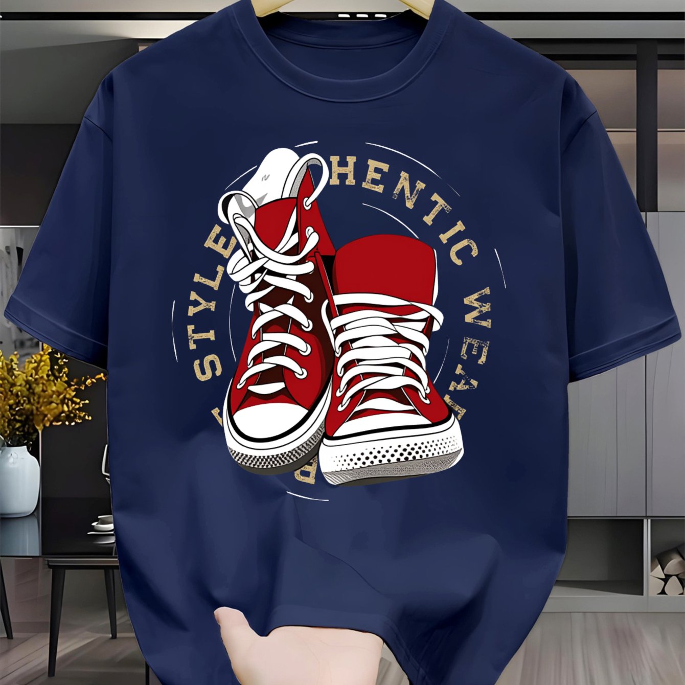 TEMU Red Sneakers With White Laces And Lettering. Men's Casual Short-sleeved Round-neck T-shirt. Outdoor Short-sleeved Casual Breathable T-shirt.