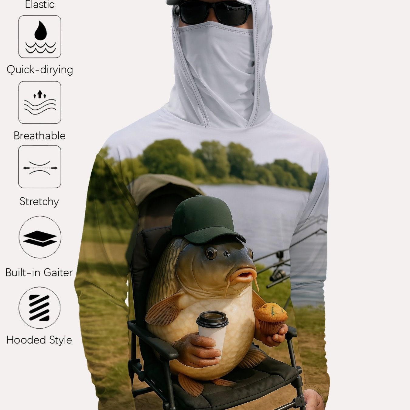 TEMU Men's Outdoor Fishing Hooded Masked Long Sleeve Quick-drying Breathable Stretchy Cartoon Fish Print Fishing Shirt