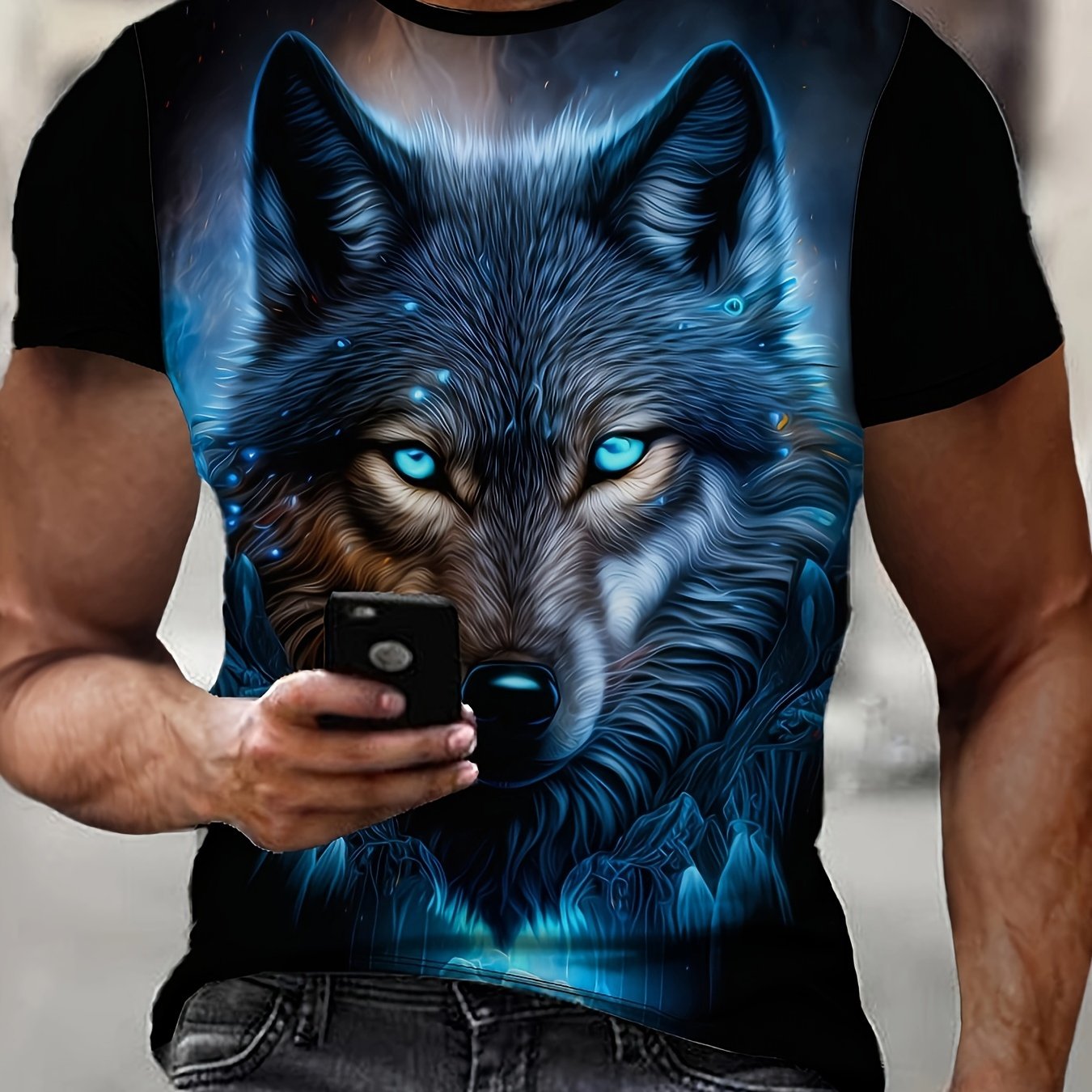 TEMU Men's Wolf T-shirt, Casual Short Sleeve Crew Neck Tee, Men's Clothing For Outdoor