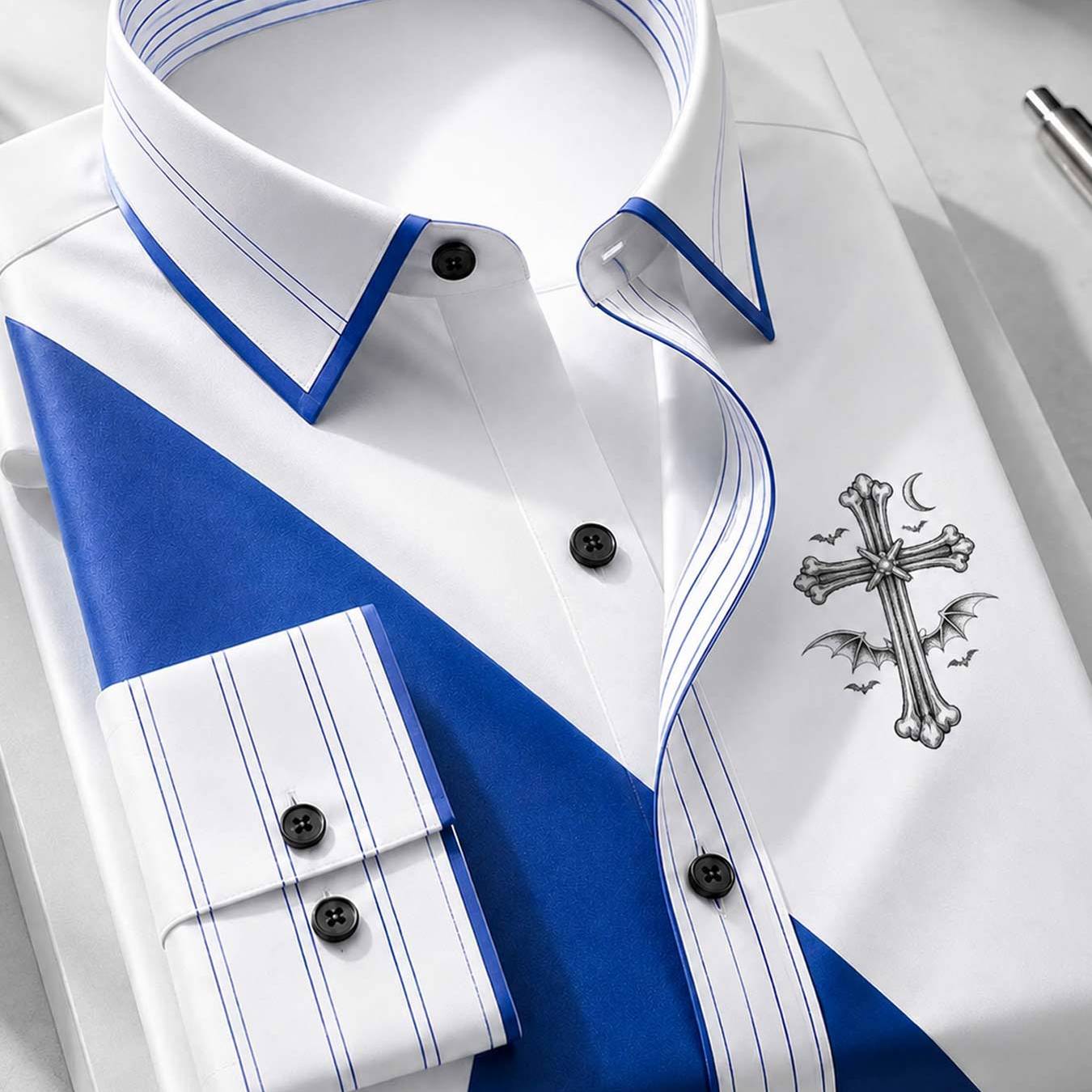 Image of Halloween Men's Doublebutton Collar Longsleeve Shirt Halloween Costume Stylish Gothic Cross Print Perfect For Parties And Holiday Events., Plus Size