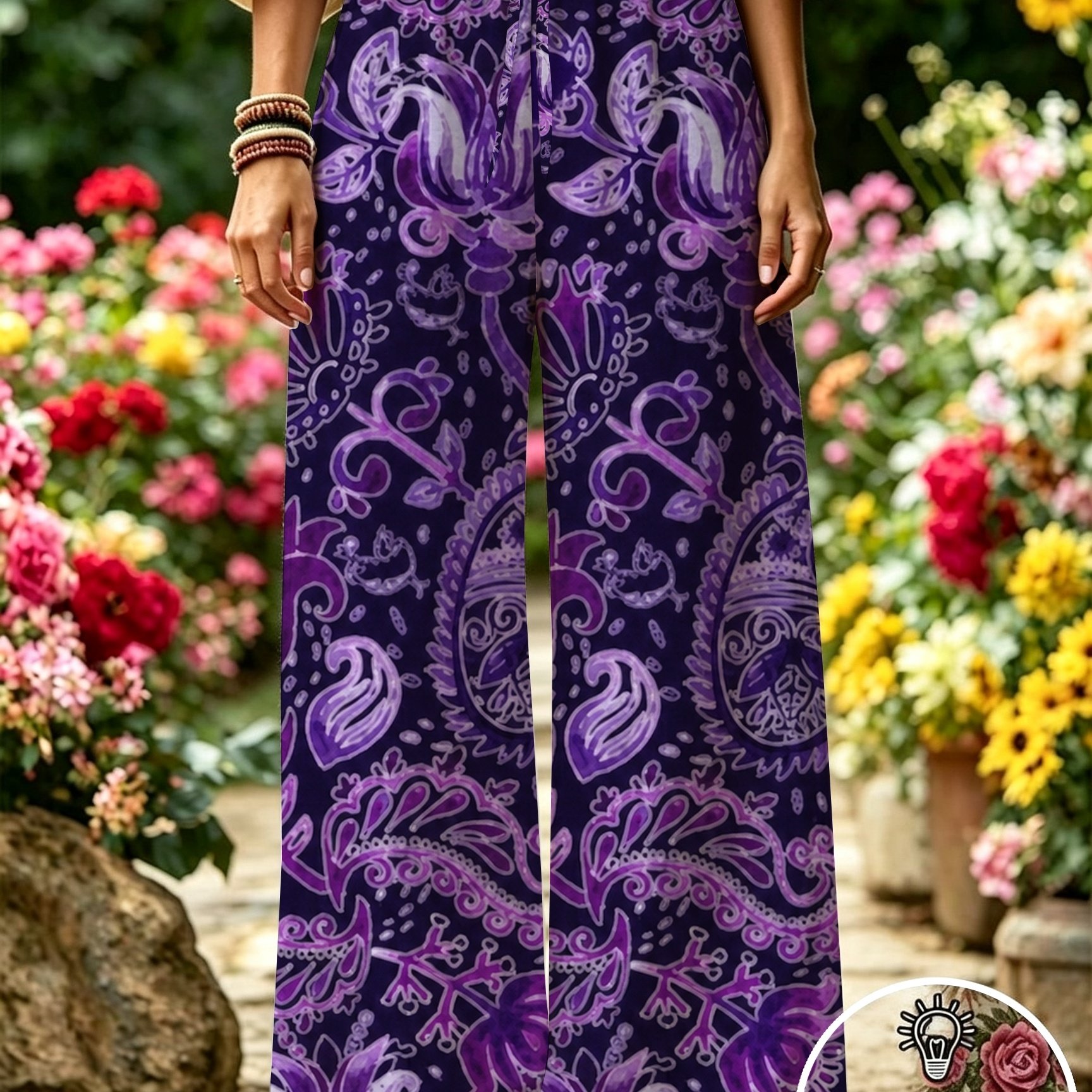 TEMU Ombre Purple Paisley Wide-leg Trousers - High-waisted Elastic Waist Floor-length Pants With Full-body Vintage Scottish Print, Machine Washable