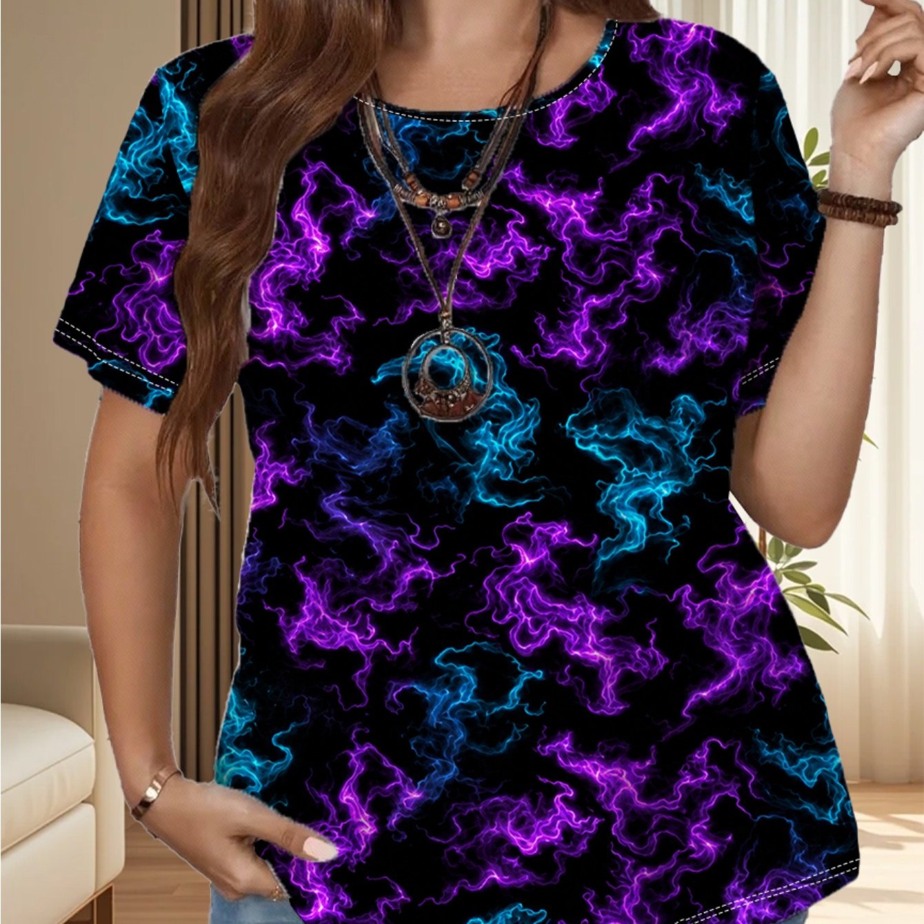 TEMU Plus Size Women's Round Neck Loose Design Statement Casual T-shirt Top, Loose Short Sleeve T-shirt For Inner And Outer Wear With Color-blocking