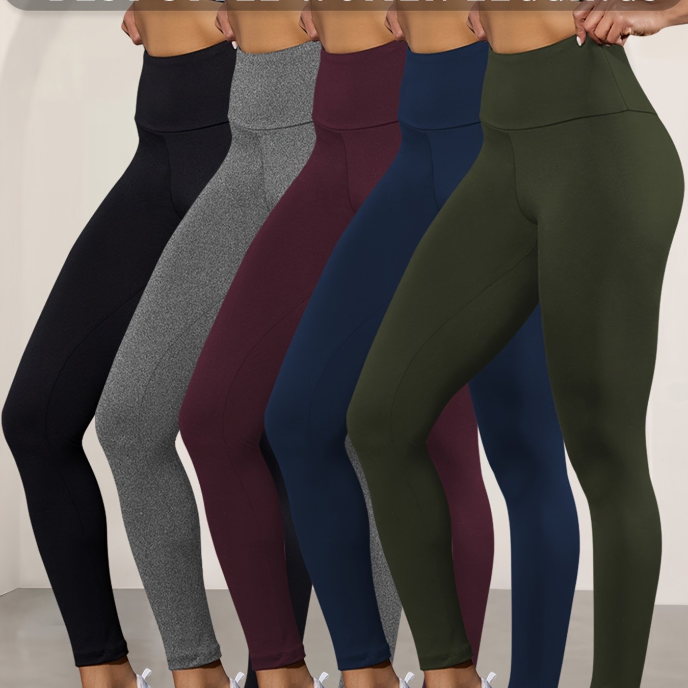 TEMU 5 Pack Women's High Waisted Tummy Control Workout Leggings - Full-length Non-see-through Yoga Running Pants, Solid Color Slim Pants For Wear,