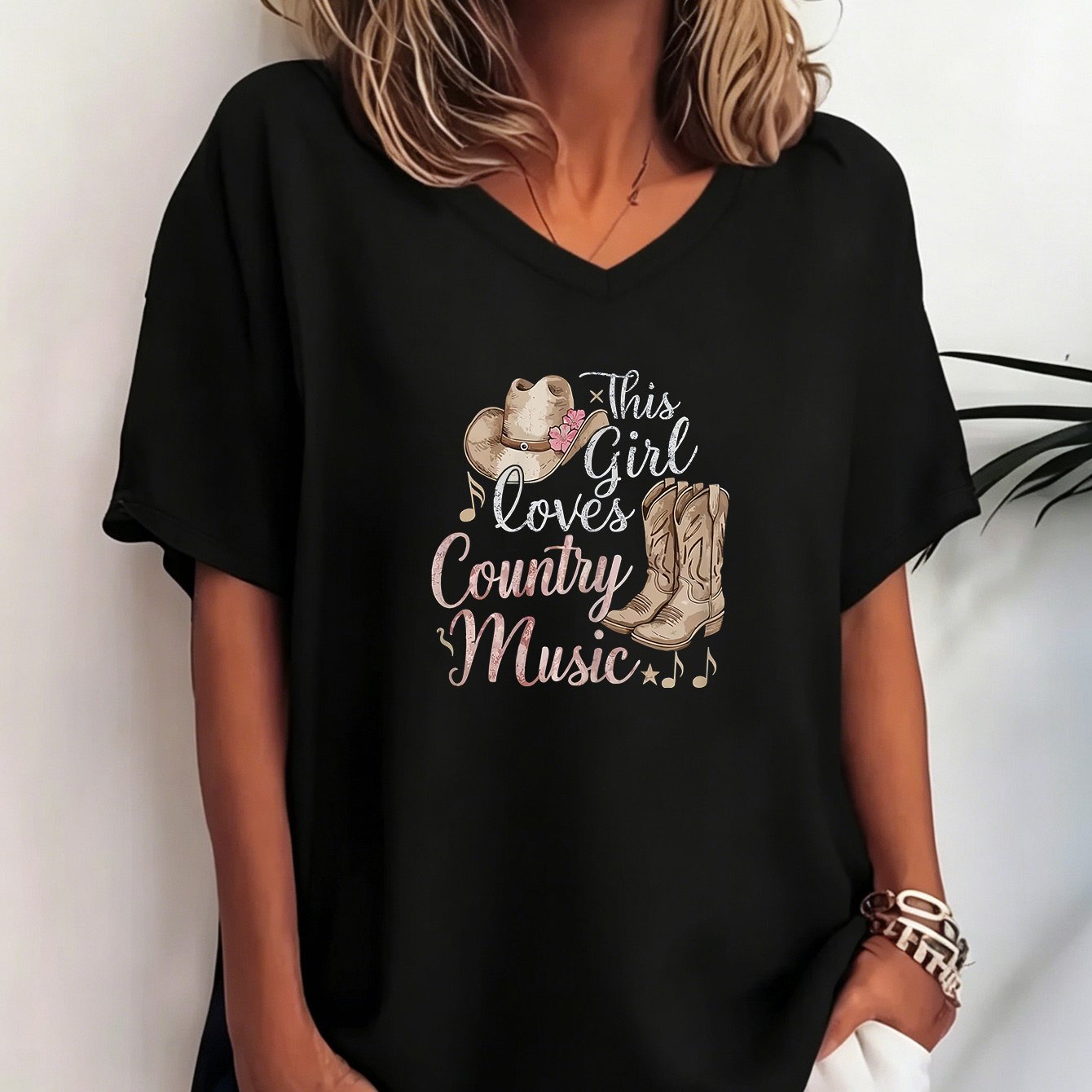 TEMU Plus Size, Women's Plus Size V-neck T-shirt "this Country Music" - Country Music Print Short Sleeve Tee With Cowboy Boots Suitable For Country