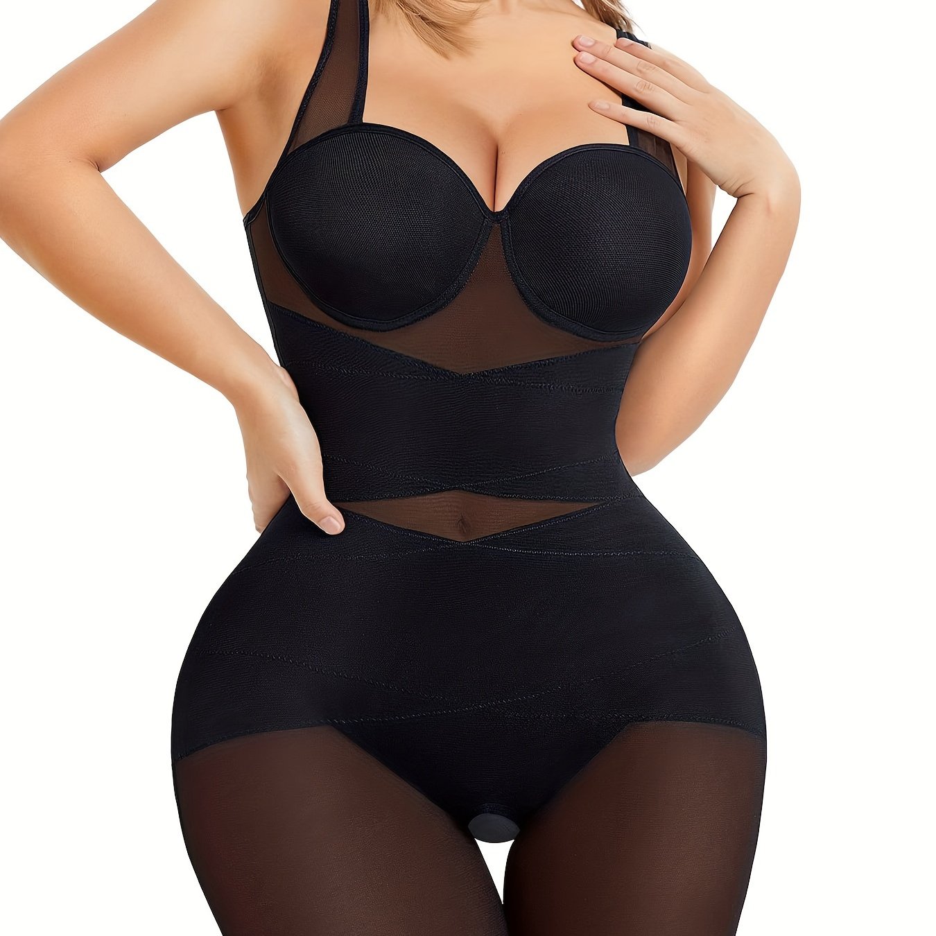 Double Cross Tummy Control Breathable Bodysuit With Built In Bra, Slimming  Mid Thigh Shapewear, Women's Activewear