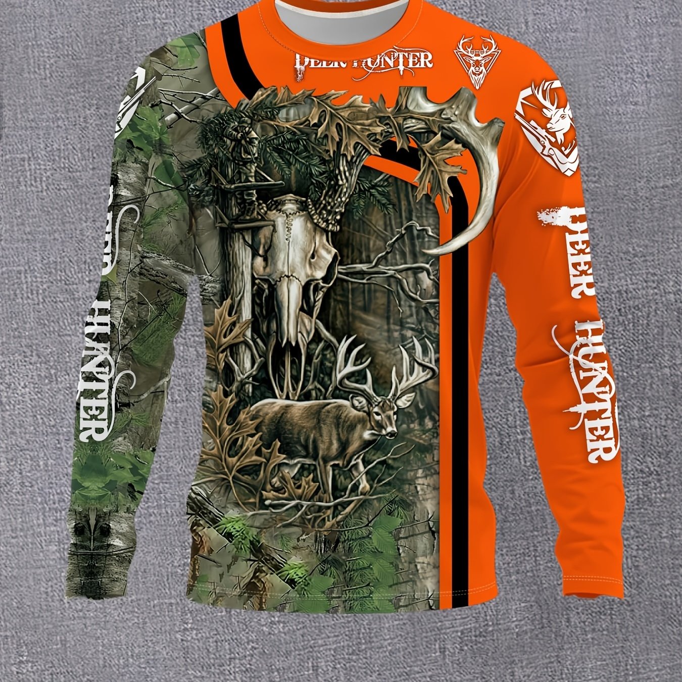 TEMU [print Design - No Texture//sequins No Additions] Men's Print Round Neck Long Sleeve, Outdoor Hunting Theme Casual Top, Animal Pattern Trendy