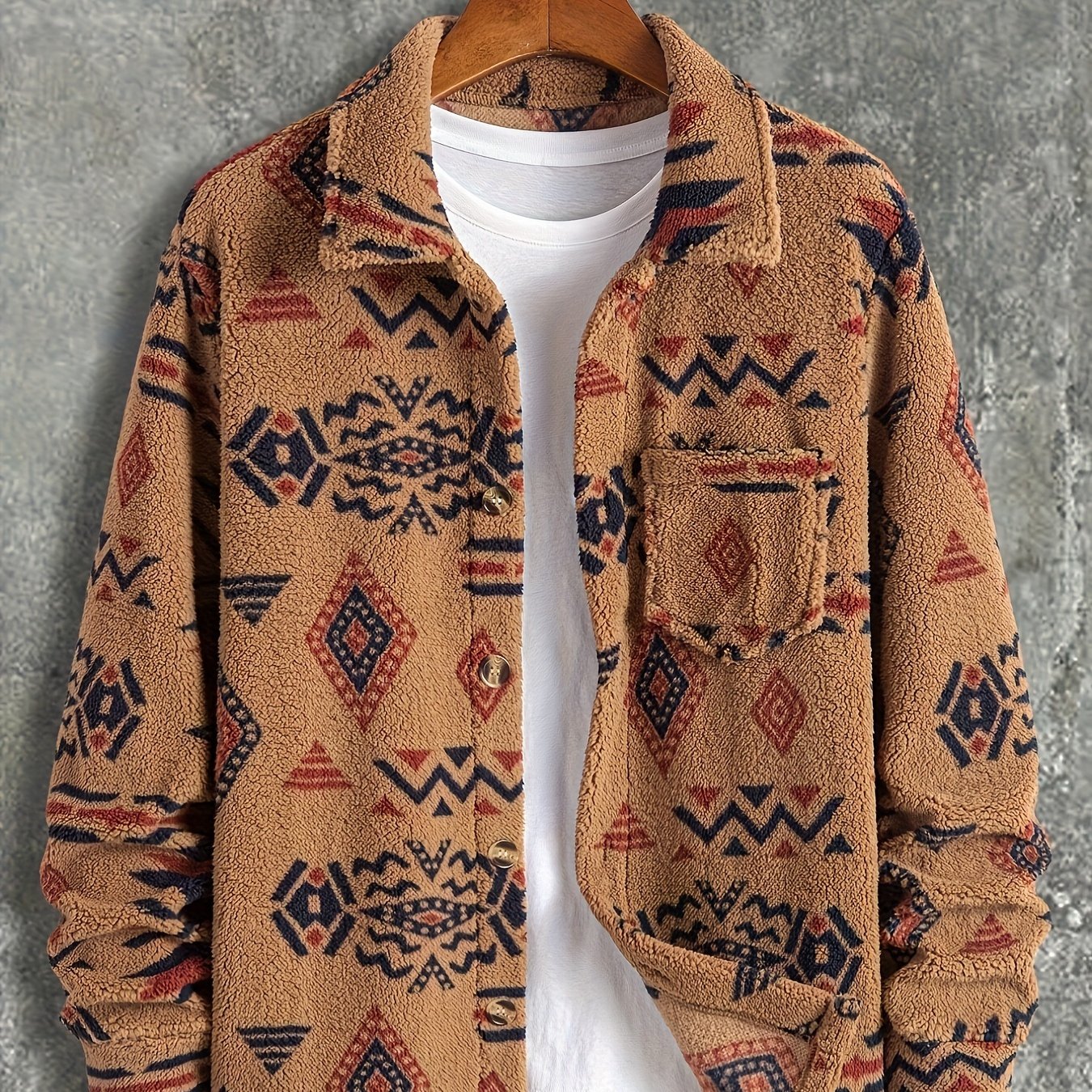 TEMU 1pc Men's Aztec Pattern , Button-up Long Sleeve Casual Outerwear With Pockets, Regular Fabric, Non-waterproof, Spring/