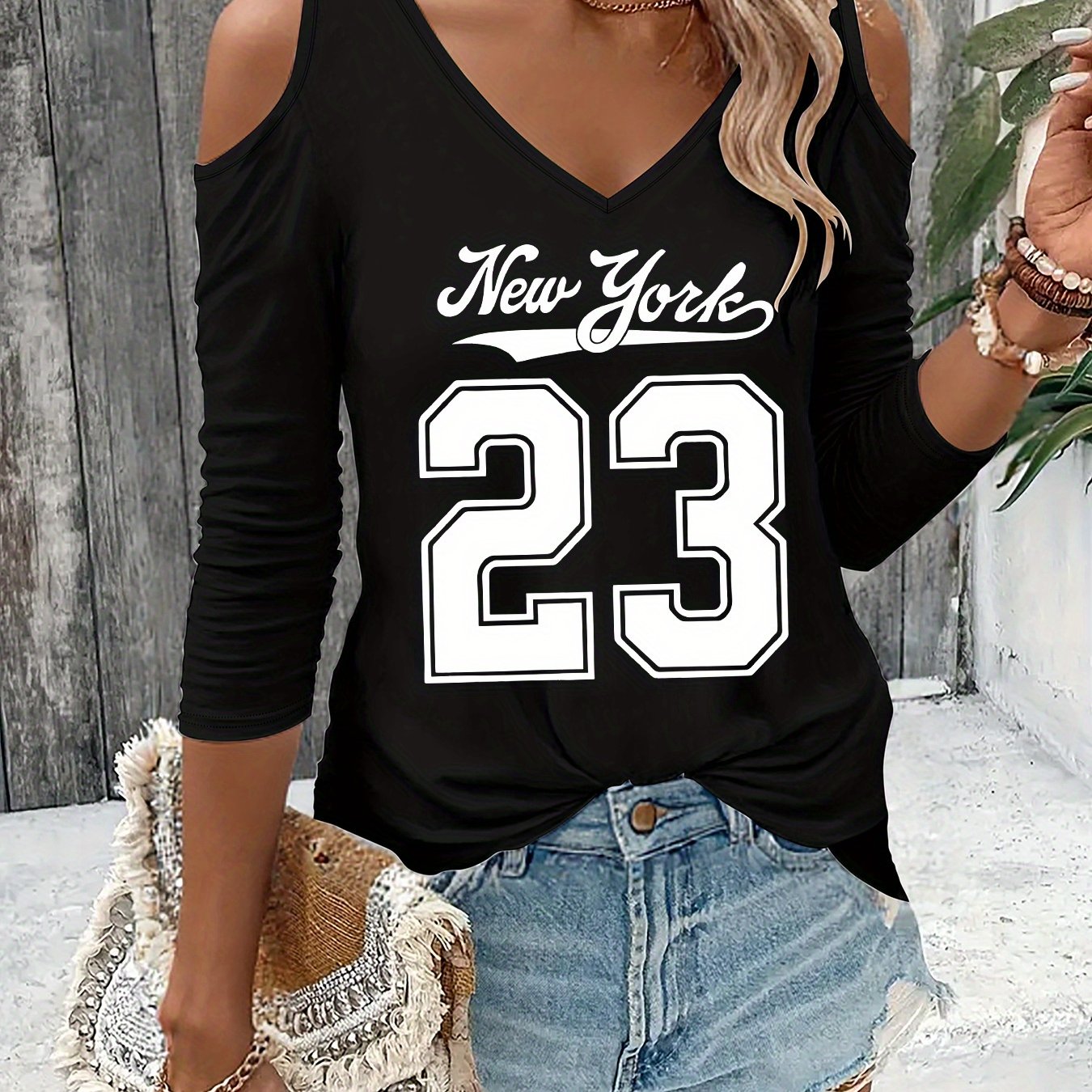TEMU Graphic Print T-shirt, Long Sleeve V Neck Casual Top For Spring & Fall, Women's Clothing