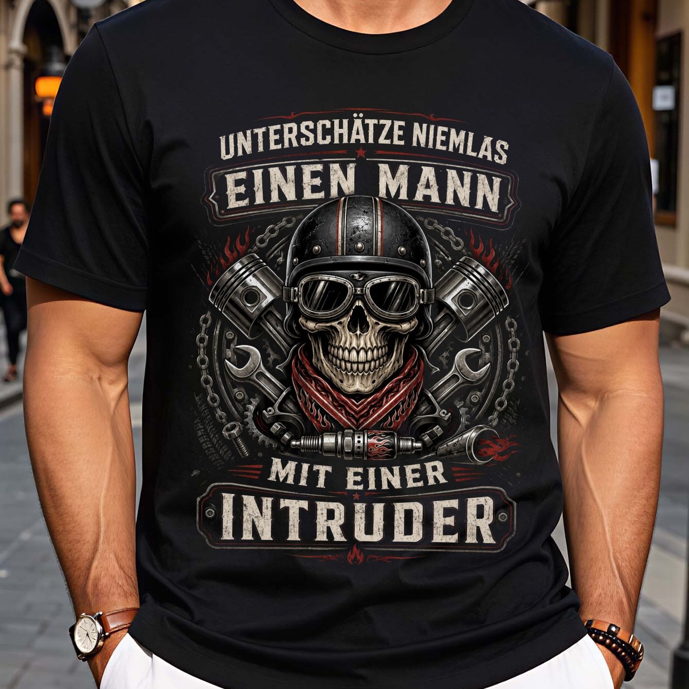 Image of Men's Motorcycle T-shirt With Intruder Skull Graphic - Oversized Relaxed Fit Short Sleeve Round Neck Tee, Suitable For Daily Wear & Apparel, For Motorcycle