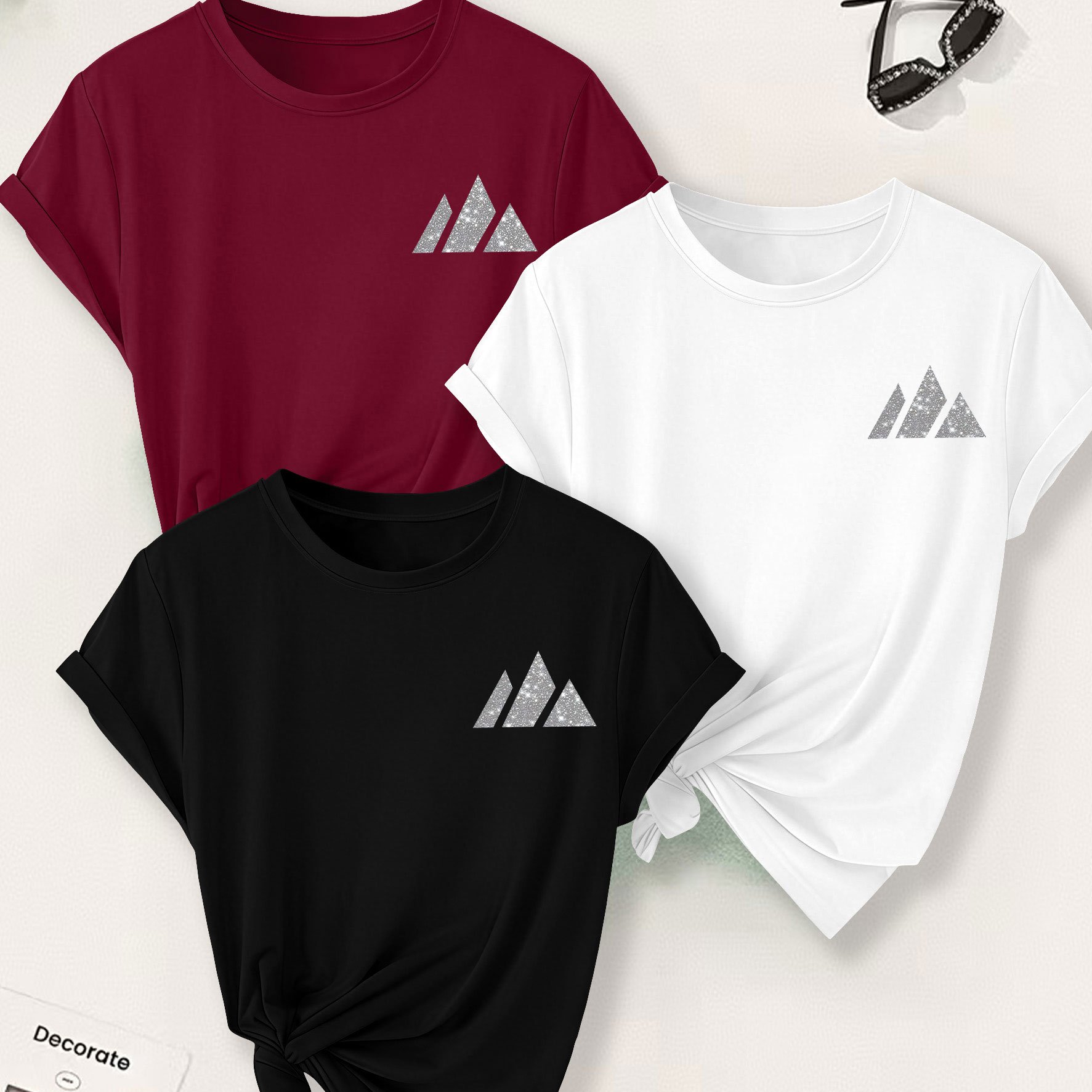 TEMU Plus Size, Summer Women's Plus Size 3pcs Short Sleeve T-shirt Top Set, Diamond-cut Triangle Print, Comfortable And Breathable Fabric, Casual ,