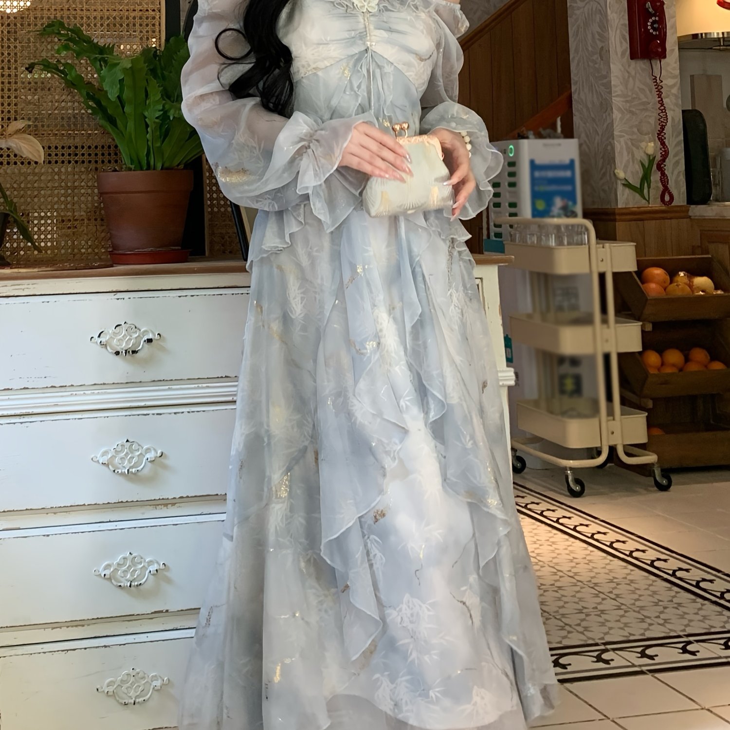 TEMU レディース ト オフショルダー ロングスリーブ ドレス - ル＆カジュアル ラ ルプリント 春ファッション フリルネック 軽量生地 パーティードレス